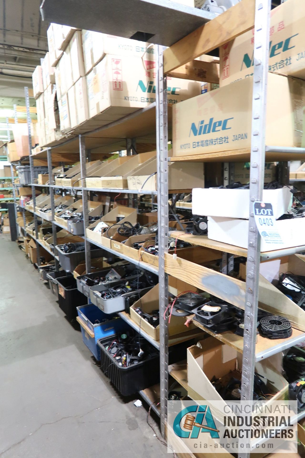 (LOT) LARGE QUANTITY OF COMPUTER FANS OF ALL SIZES ON (7) SECTIONS SHELVING