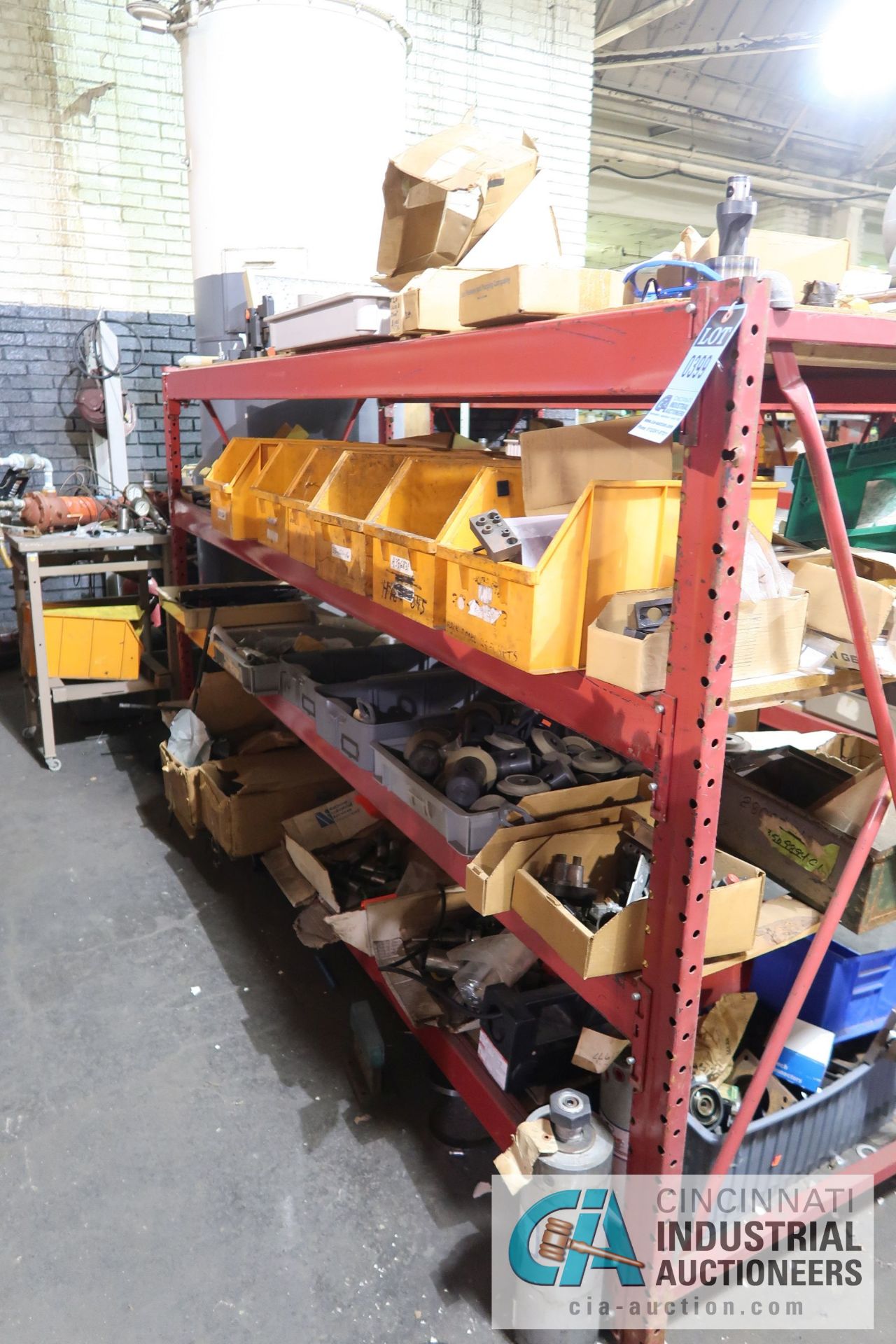 (LOT) ASSORTED MACHINE PARTS ON RED RACK