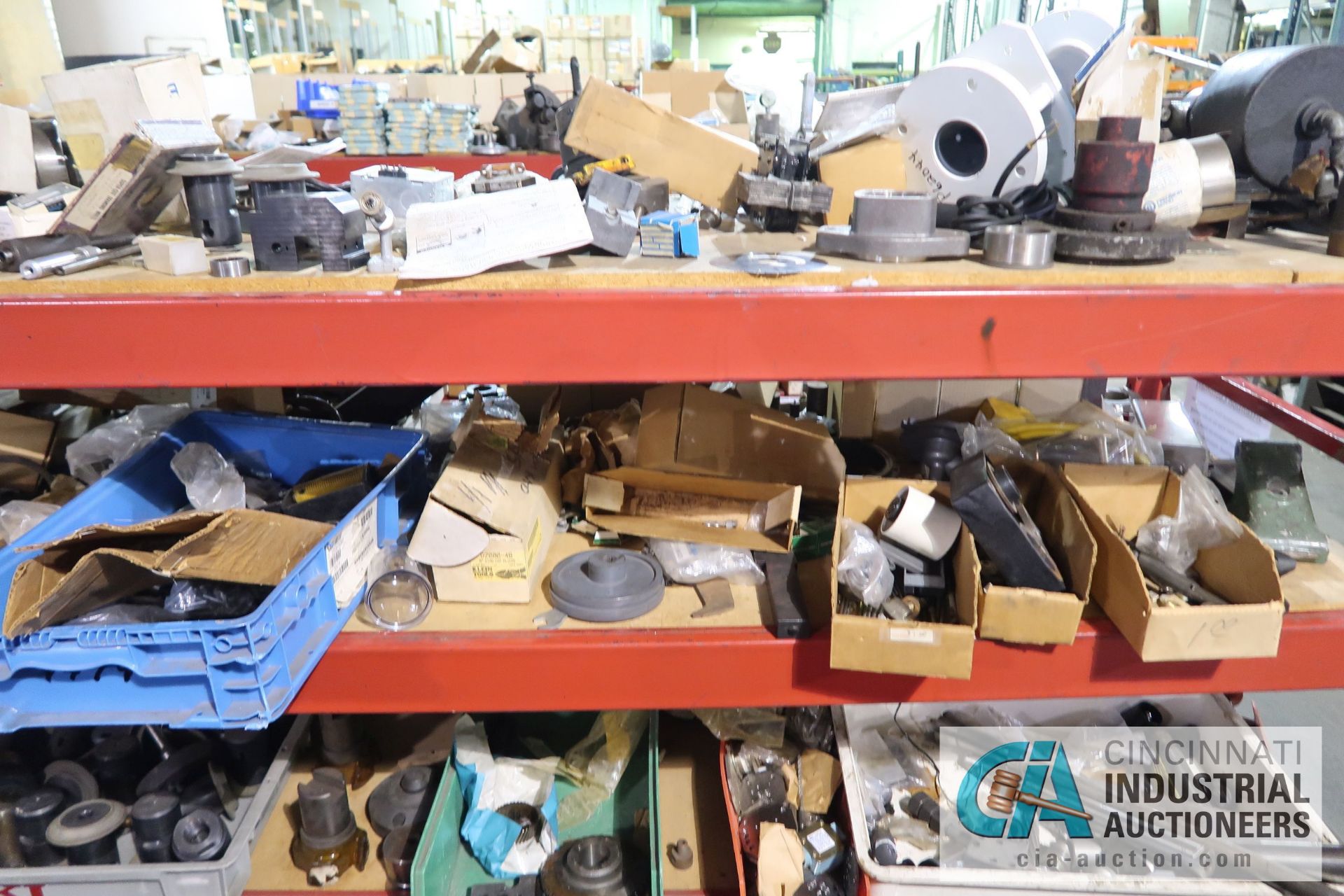 (LOT) ASSORTED TOOLING AND MACHINE PARTS AND HARDWARE ON (2) SECTIONS RED RACK AND ALSO IN BOXES - Image 3 of 17