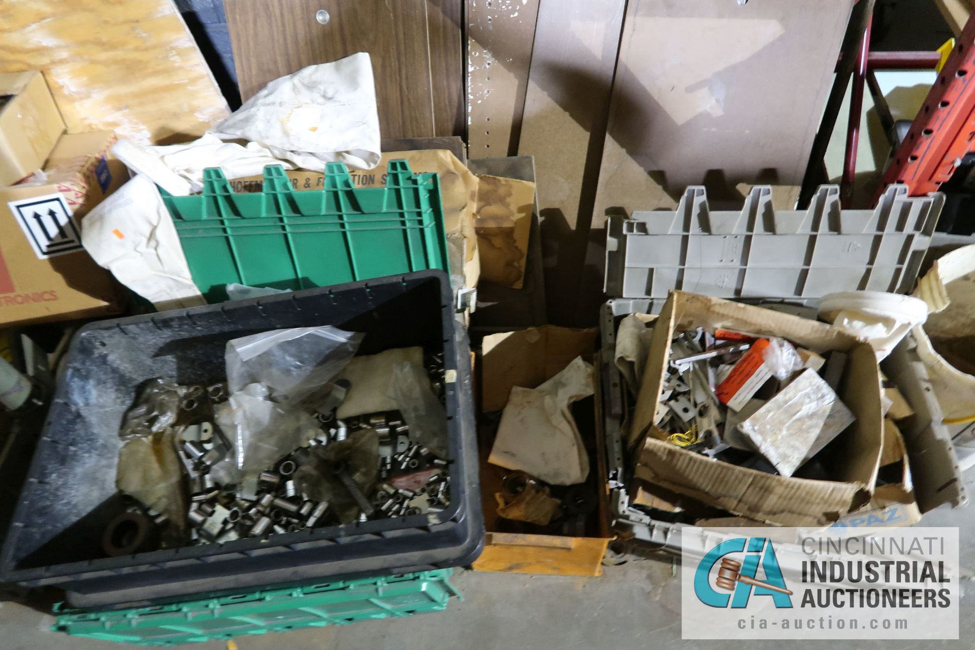 (LOT) ASSORTED TOOLING AND MACHINE PARTS AND HARDWARE ON (2) SECTIONS RED RACK AND ALSO IN BOXES - Image 11 of 17