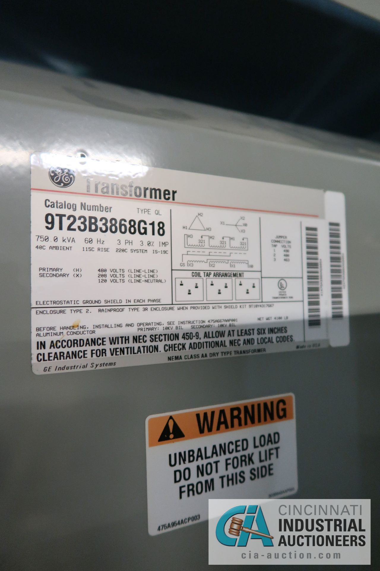 750 KVA GE TRANSFORMER, CAT NO. 9T23B3868G18 - Image 3 of 3