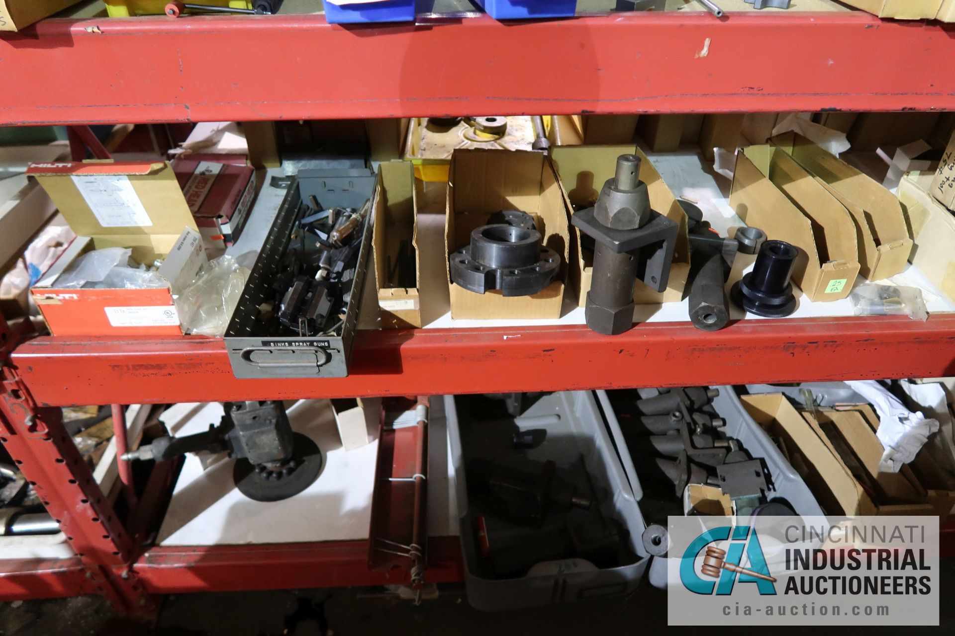 (LOT) ASSORTED TOOLING AND MACHINE PARTS AND HARDWARE ON (2) SECTIONS RED RACK AND ALSO IN BOXES - Image 17 of 17