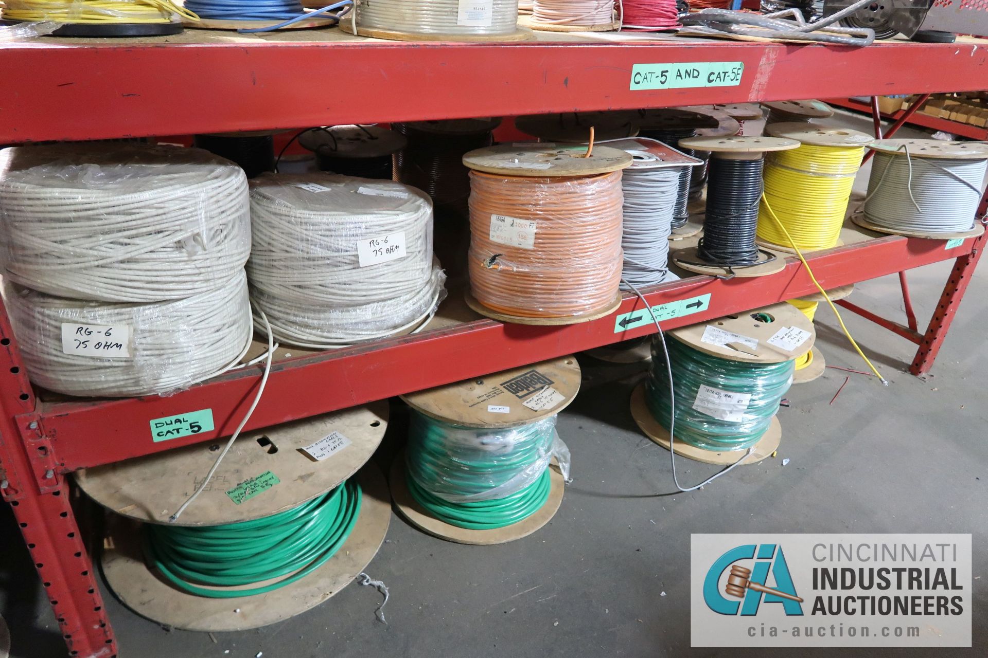 (LOT) LARGE QUANTITY OF COAX CABLE ON (3) SECTIONS RED RACK - APPROX. (130) SPOOLS - SOLD BY THE - Image 9 of 14