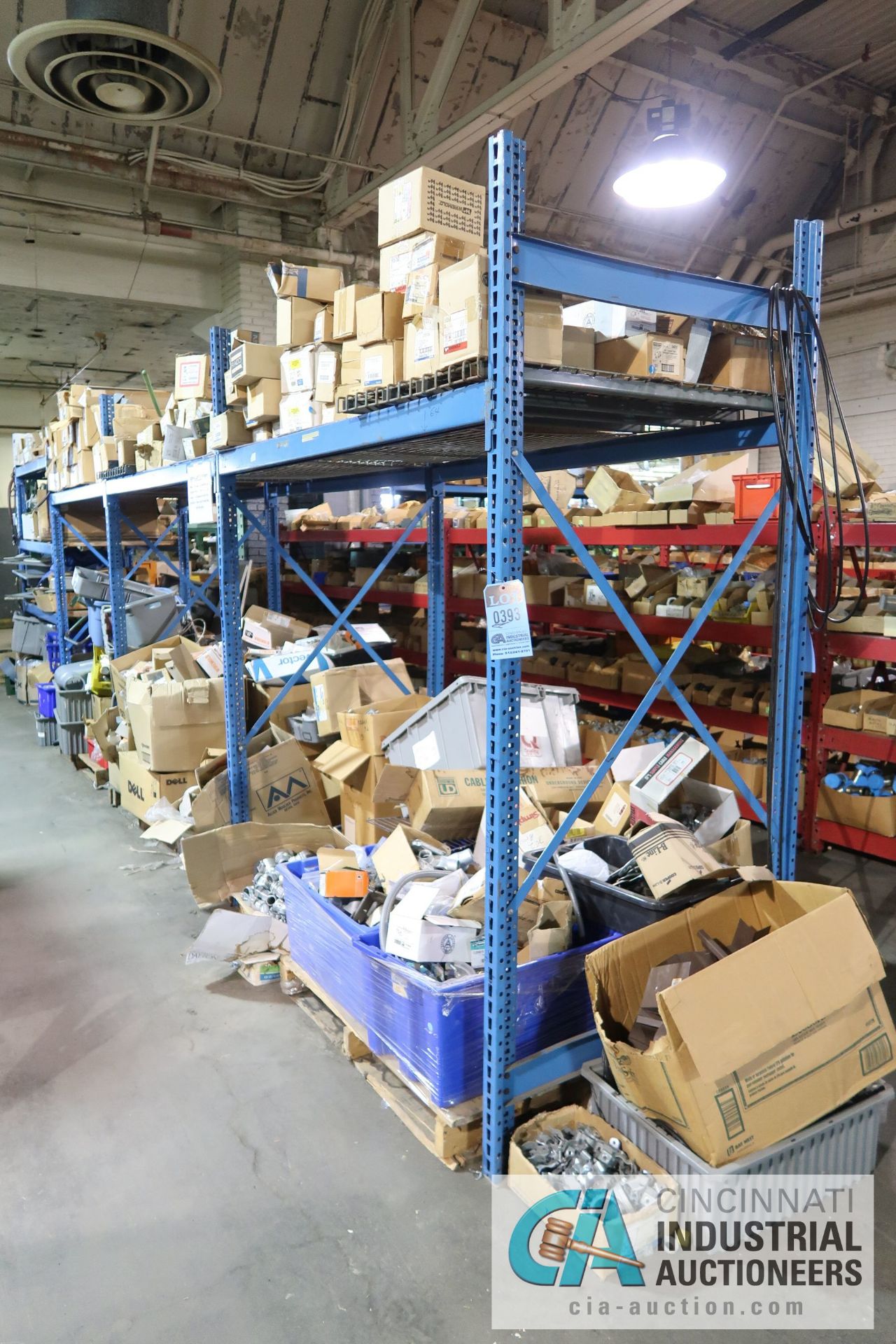 (LOT) CONTENTS OF (4) SECTIONS RACK - MOSTLY ELECTRICAL HARDWARE INCLUDING CONDUIT COUPLINGS,