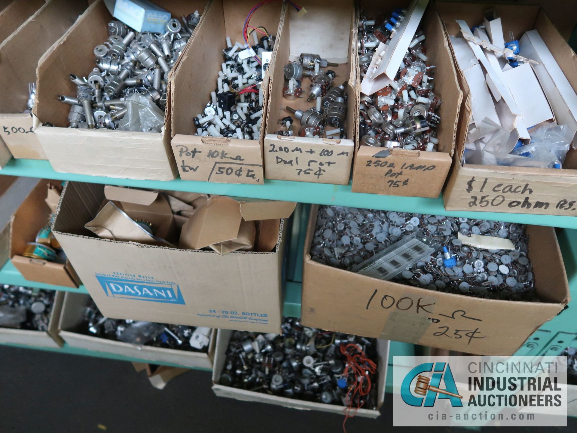 CONTENTS OF (5) RACKS INCLUDING MISCELLANEOUS RESISTORS, POTENTIONETERS, CONTROLS **NO RACKS** - Image 10 of 57