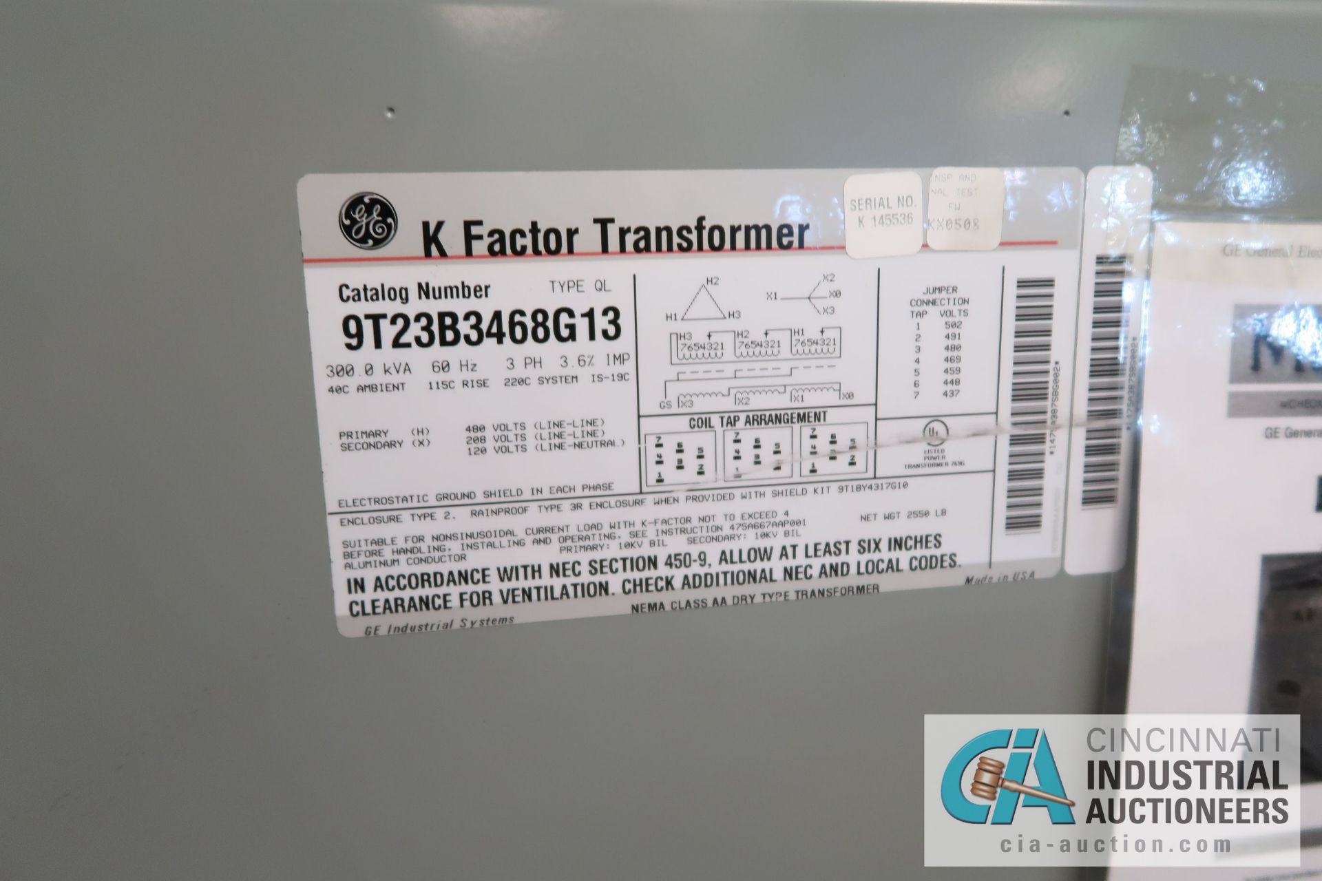 300 KVA GE TRANSFORMER, CAT NO. 9T23B3468G13 - Image 3 of 3