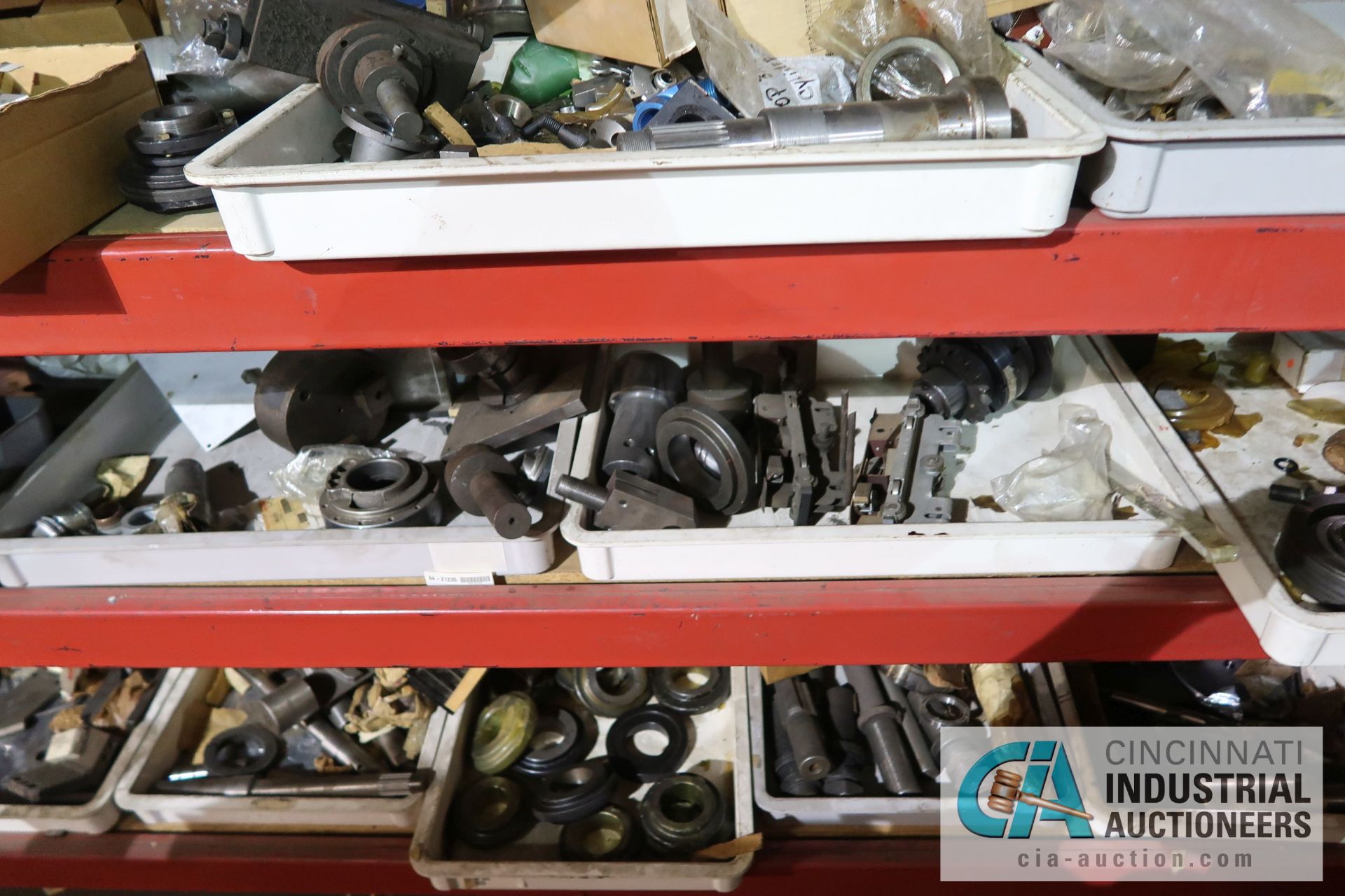 (LOT) ASSORTED TOOLING AND MACHINE PARTS AND HARDWARE ON (2) SECTIONS RED RACK AND ALSO IN BOXES - Image 15 of 17