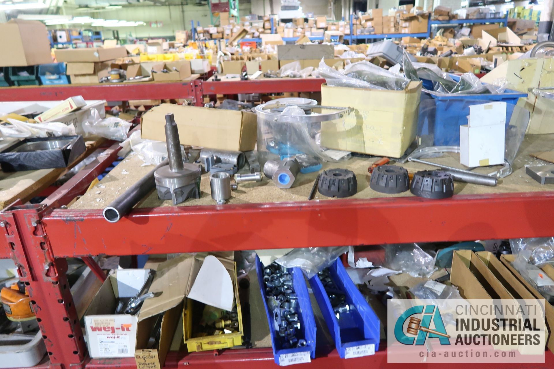 (LOT) ASSORTED TOOLING AND MACHINE PARTS AND HARDWARE ON (2) SECTIONS RED RACK AND ALSO IN BOXES - Image 16 of 17