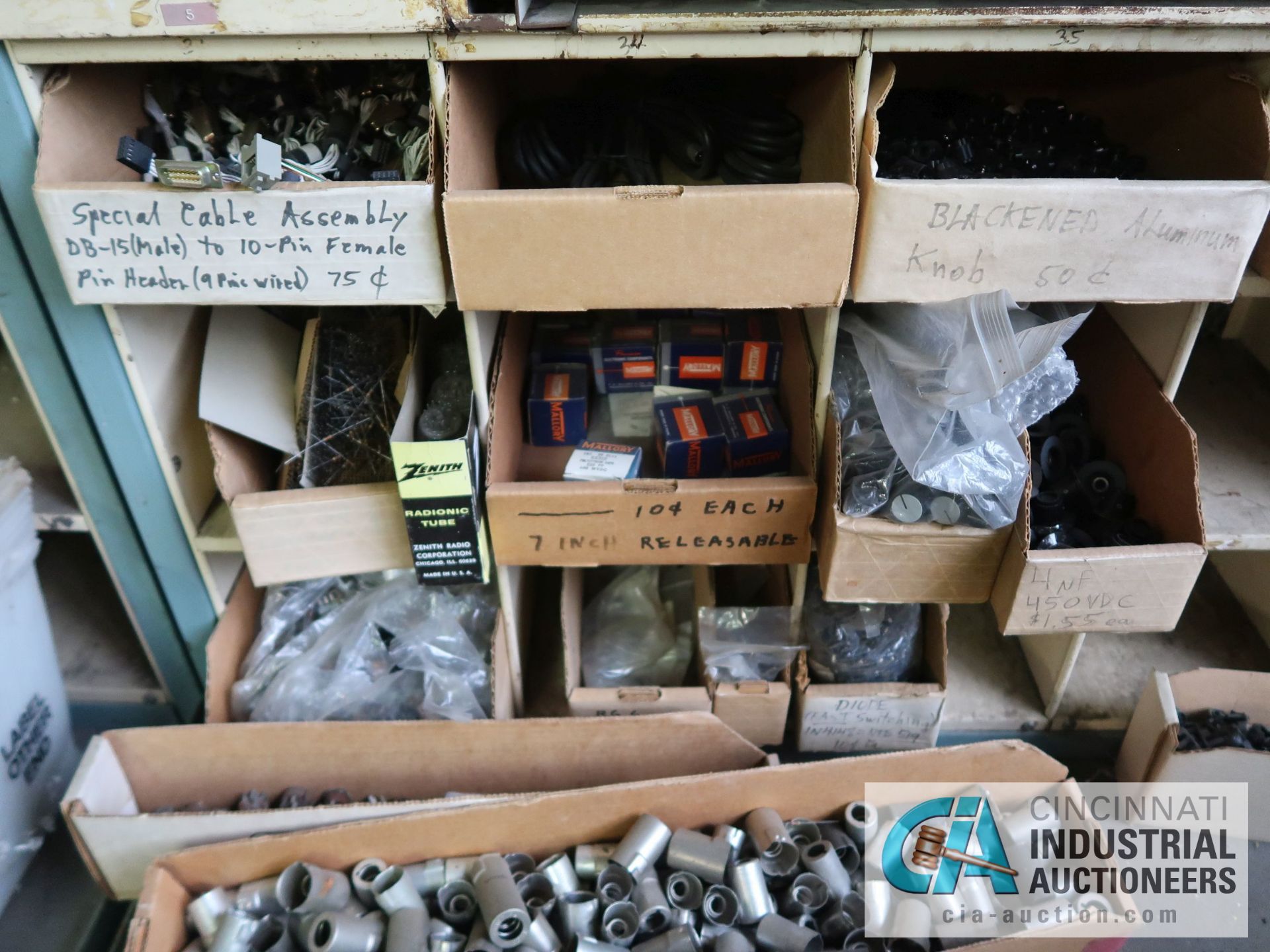 CONTENTS (8) PIGEON HOLE RACKS INCLUDING TUBES, INSULATORS, CONNECTORS, ELECTRONIC HARDWARE, - Image 3 of 51