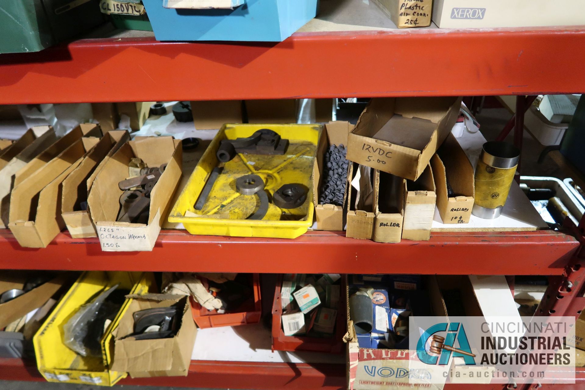 (LOT) ASSORTED TOOLING AND MACHINE PARTS AND HARDWARE ON (2) SECTIONS RED RACK AND ALSO IN BOXES - Image 8 of 17