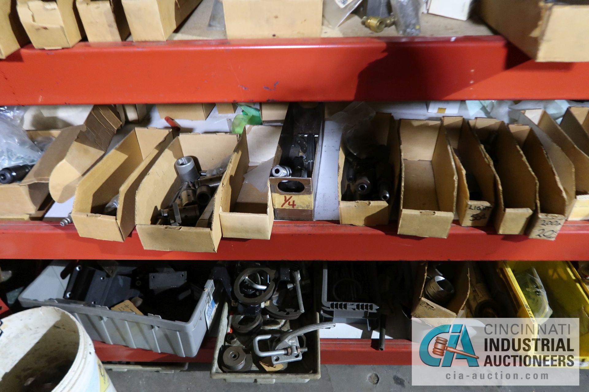 (LOT) ASSORTED TOOLING AND MACHINE PARTS AND HARDWARE ON (2) SECTIONS RED RACK AND ALSO IN BOXES - Image 9 of 17