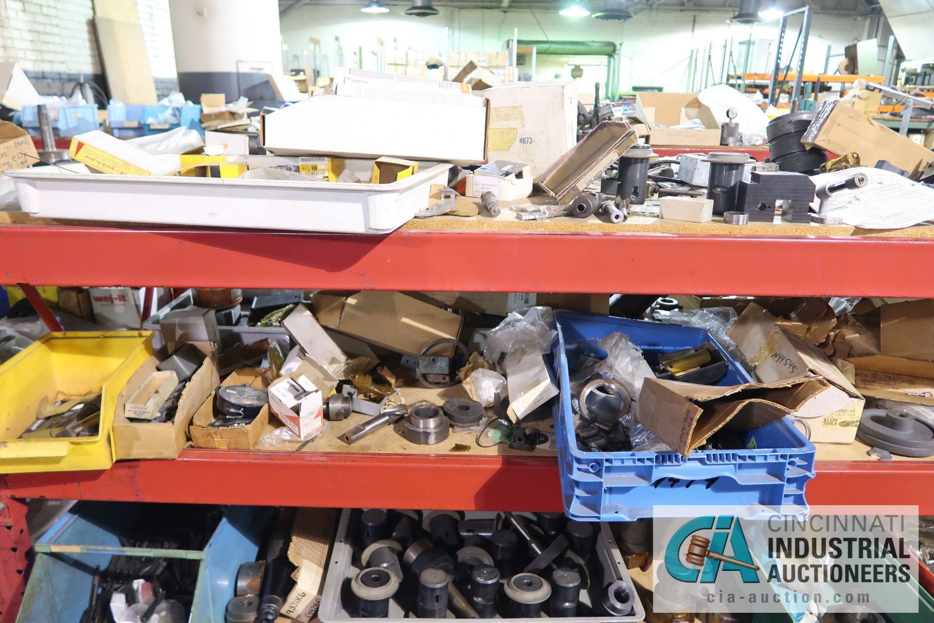 (LOT) ASSORTED TOOLING AND MACHINE PARTS AND HARDWARE ON (2) SECTIONS RED RACK AND ALSO IN BOXES - Image 5 of 17