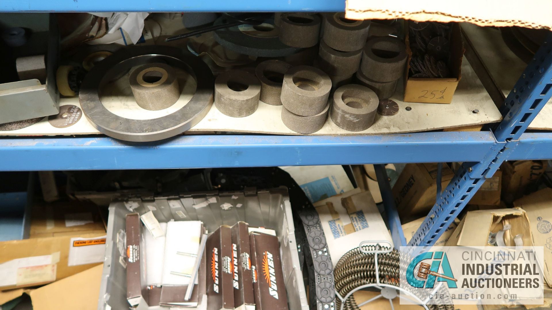 (LOT) ASSORTED ABRASIVES, GRINDING WHEELS AND HARDWARE ON (5) SECTIONS BLUE RACK AND IN WIRE BASKET - Image 7 of 24