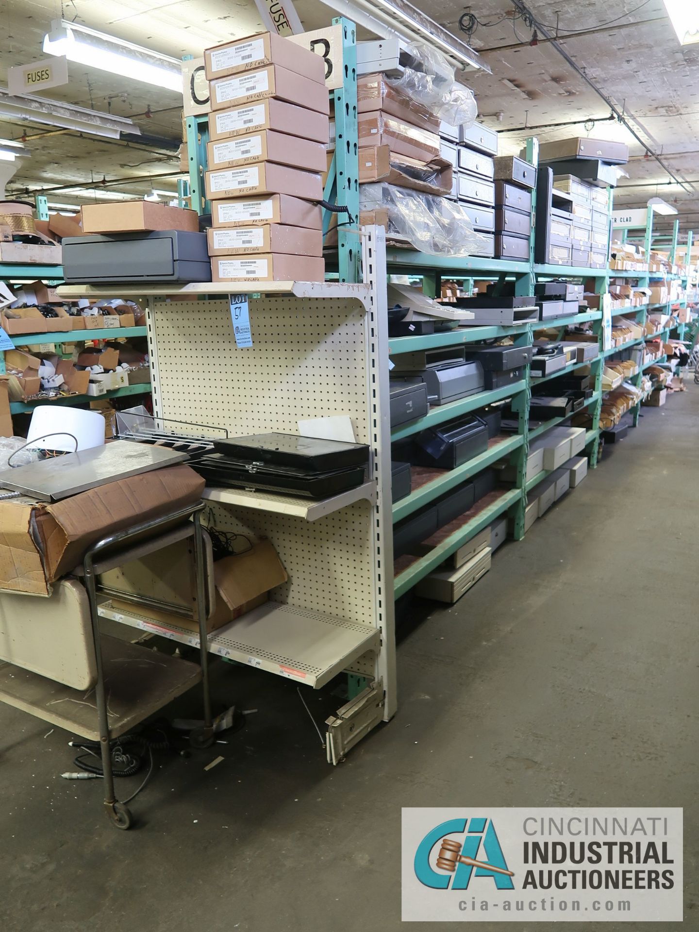 CONTENTS OF (5) RACKS INCLUDING MISCELLANEOUS CONNECTORS, COPPER SHEETS, CIRCUIT BOARDS, CASH