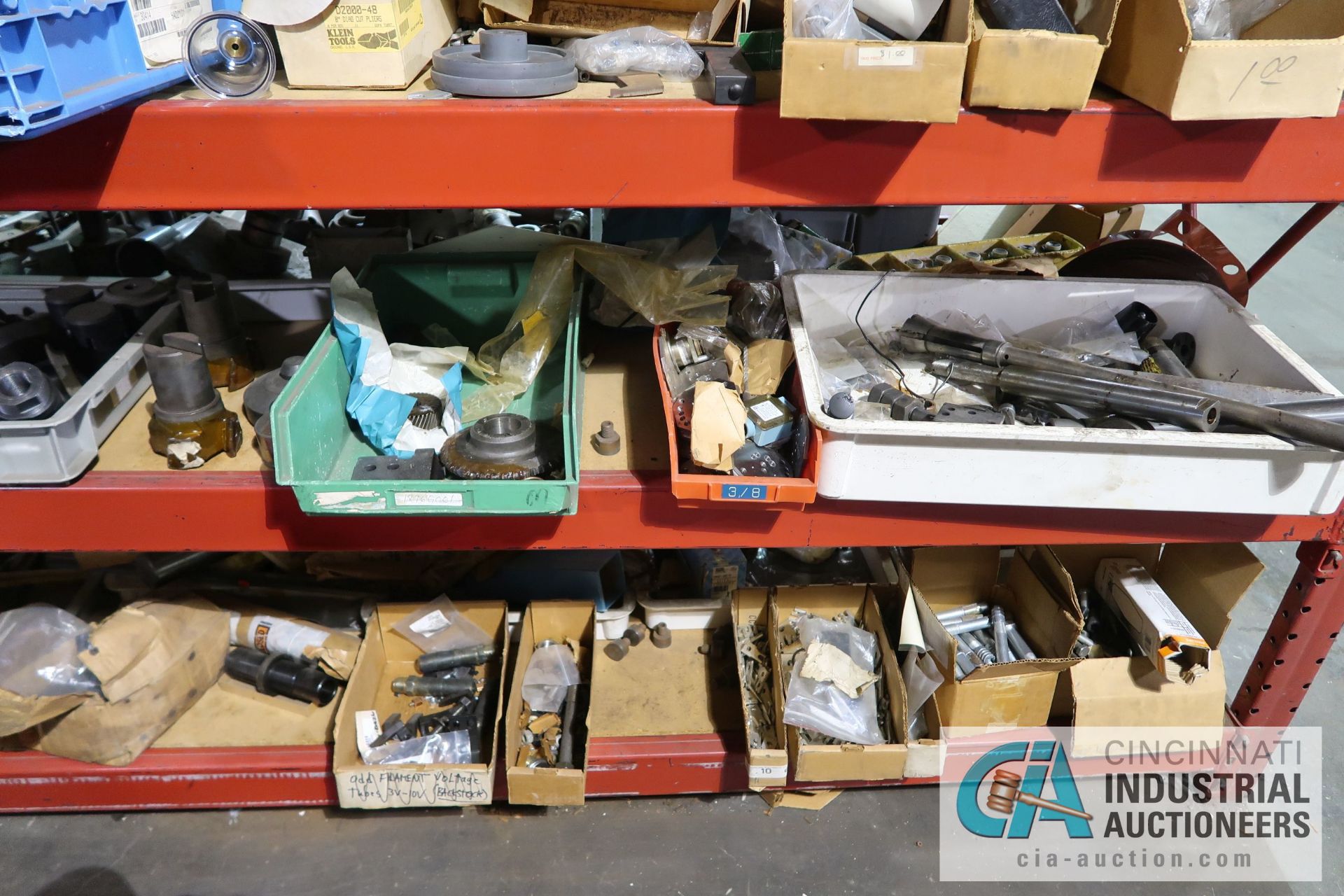 (LOT) ASSORTED TOOLING AND MACHINE PARTS AND HARDWARE ON (2) SECTIONS RED RACK AND ALSO IN BOXES - Image 4 of 17