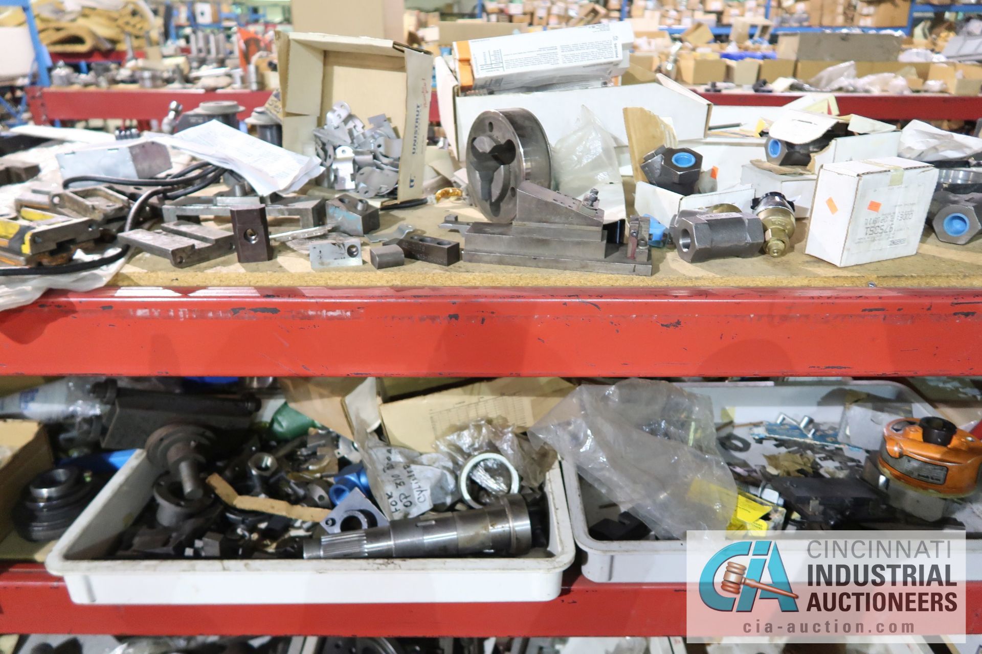 (LOT) ASSORTED TOOLING AND MACHINE PARTS AND HARDWARE ON (2) SECTIONS RED RACK AND ALSO IN BOXES - Image 14 of 17