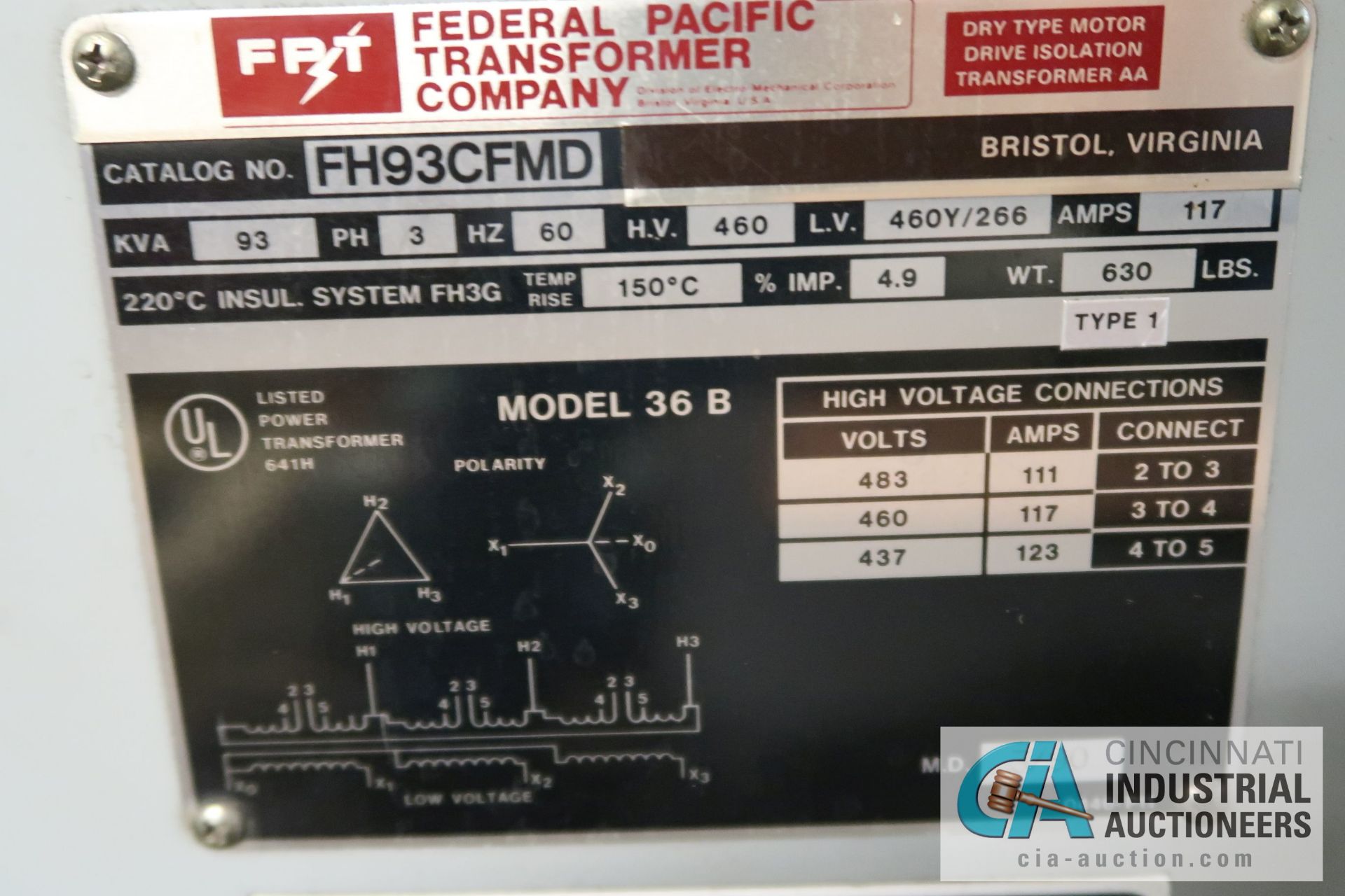 93 KVA FEDERAL PACIFIC TRANSFORMER; CAT NO. FH93CFMD - Image 3 of 3