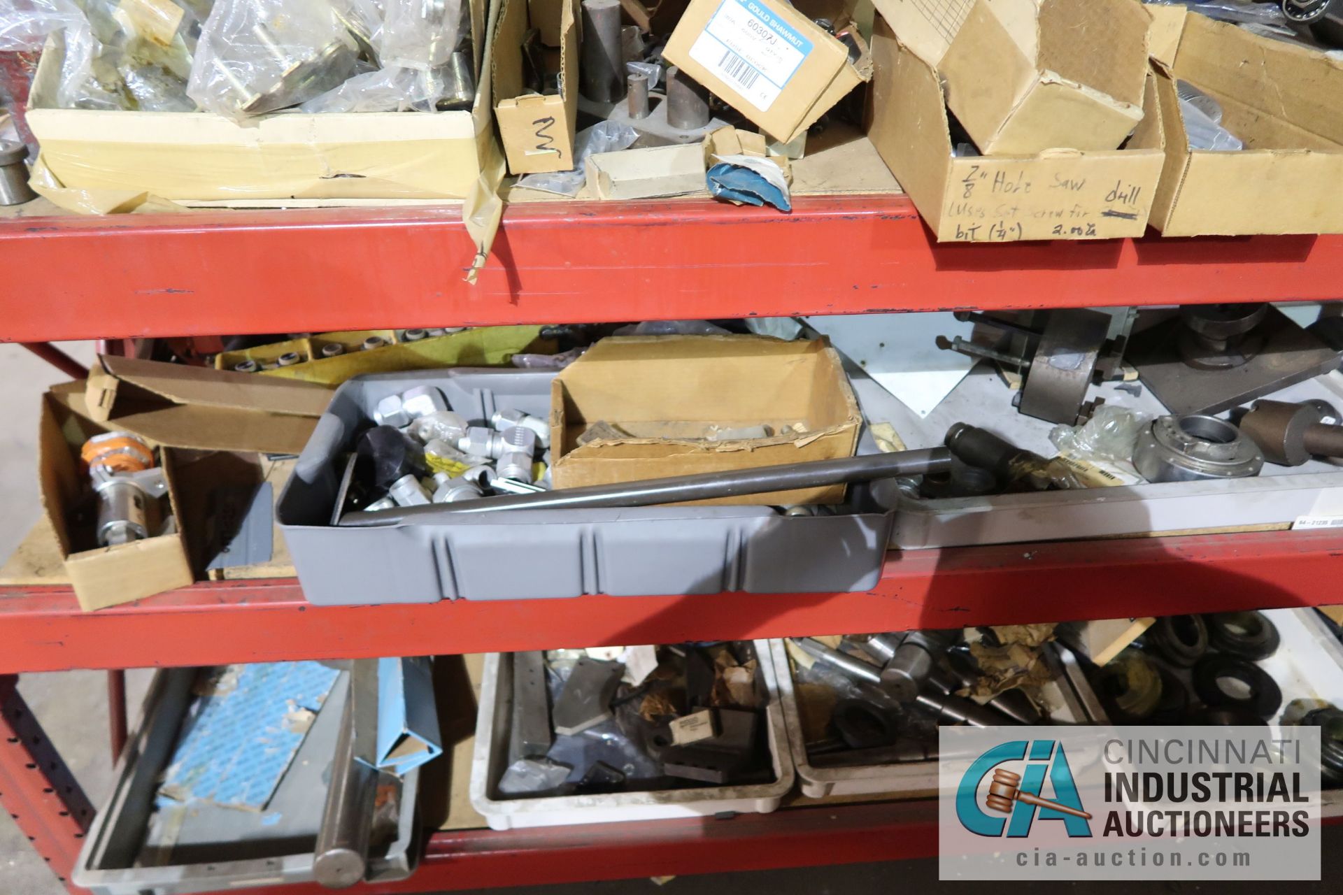 (LOT) ASSORTED TOOLING AND MACHINE PARTS AND HARDWARE ON (2) SECTIONS RED RACK AND ALSO IN BOXES - Image 13 of 17