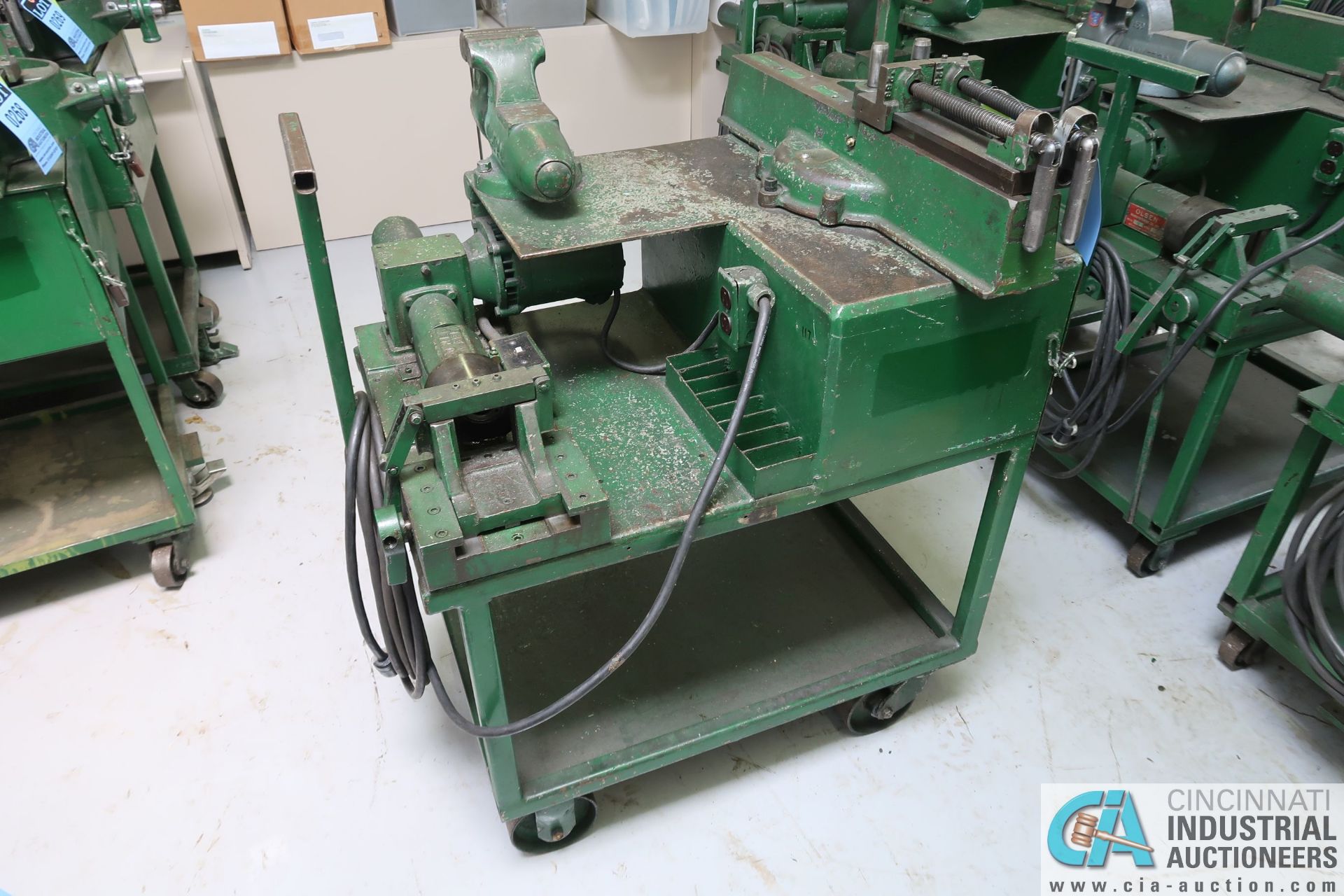 LAKELAND MODEL 624 LEVER OPERATED BENDER COMPLETE WITH OLSEN MODEL 50 DEBURR UNIT, 37 DEGREE DIE