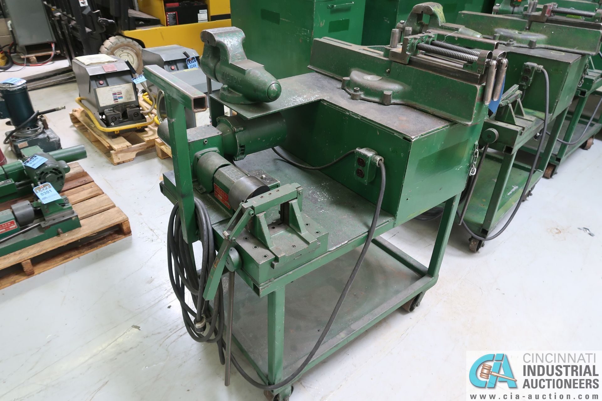 LAKELAND MODEL 624 LEVER OPERATED BENDER COMPLETE WITH OLSEN MODEL 50 DEBURR UNIT, 37 DEGREE DIE