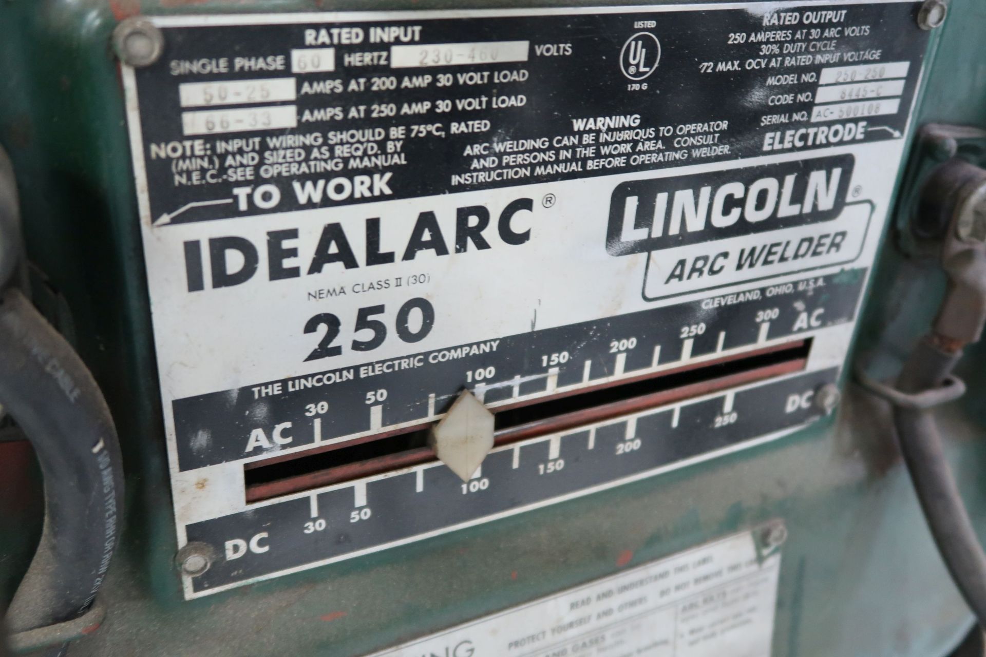 250 AMP LINCOLN IDEALARC 250 ARC WELDER; S/N AC-500108 - Image 2 of 2