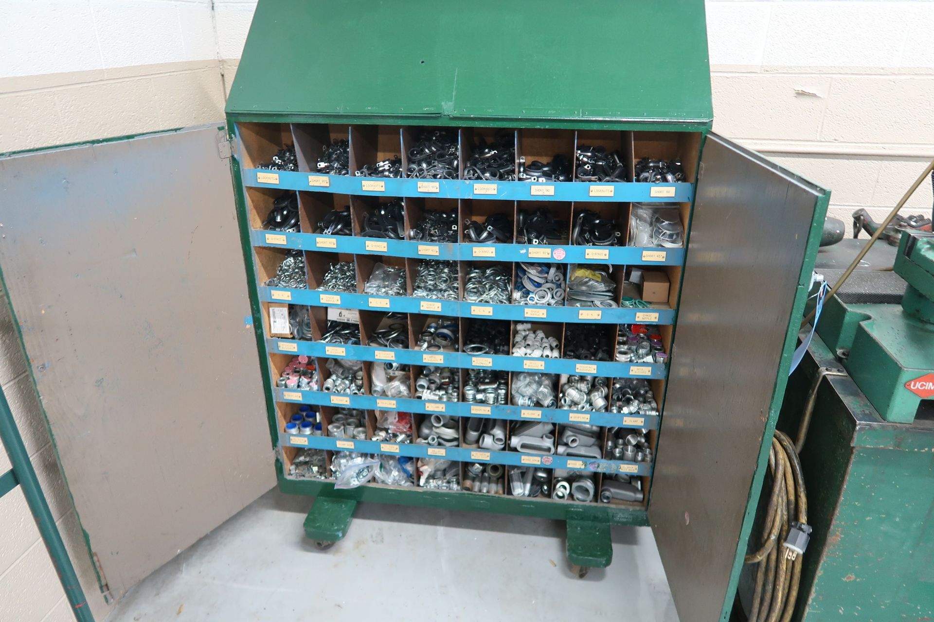 48" X 12" X 50' PORTABLE PIDGEON HOLE CABINET WITH MISCELLANEOUS ELECTRIC HARDWARE INCLUDING CLAMPS,