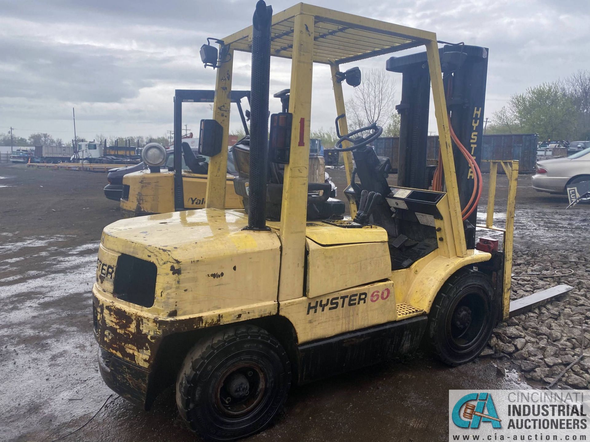 6,000 LB. CAPACITY HYSTER H60XM DIESEL PNEUMATIC TIRE FORKLIFT; S/N D177B36393U, 3-STAGE MAST, 48" - Image 2 of 8