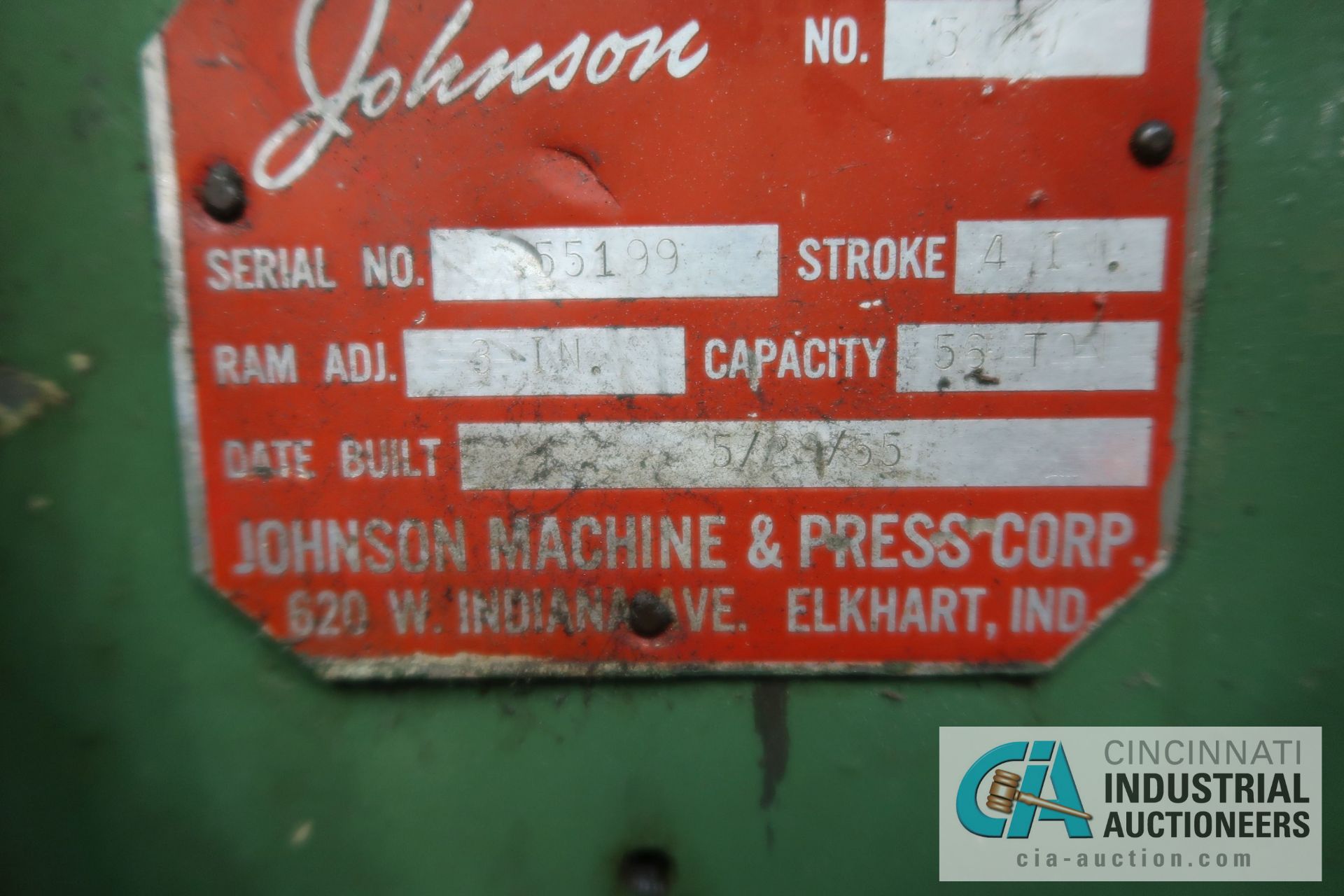 56 TON JOHNSON MODEL 5FW OBI PRESS; S/N 55199, 4" STROKE, 3" ADJ., 9" SHUT HEIGHT, 100 SPM - Image 14 of 14