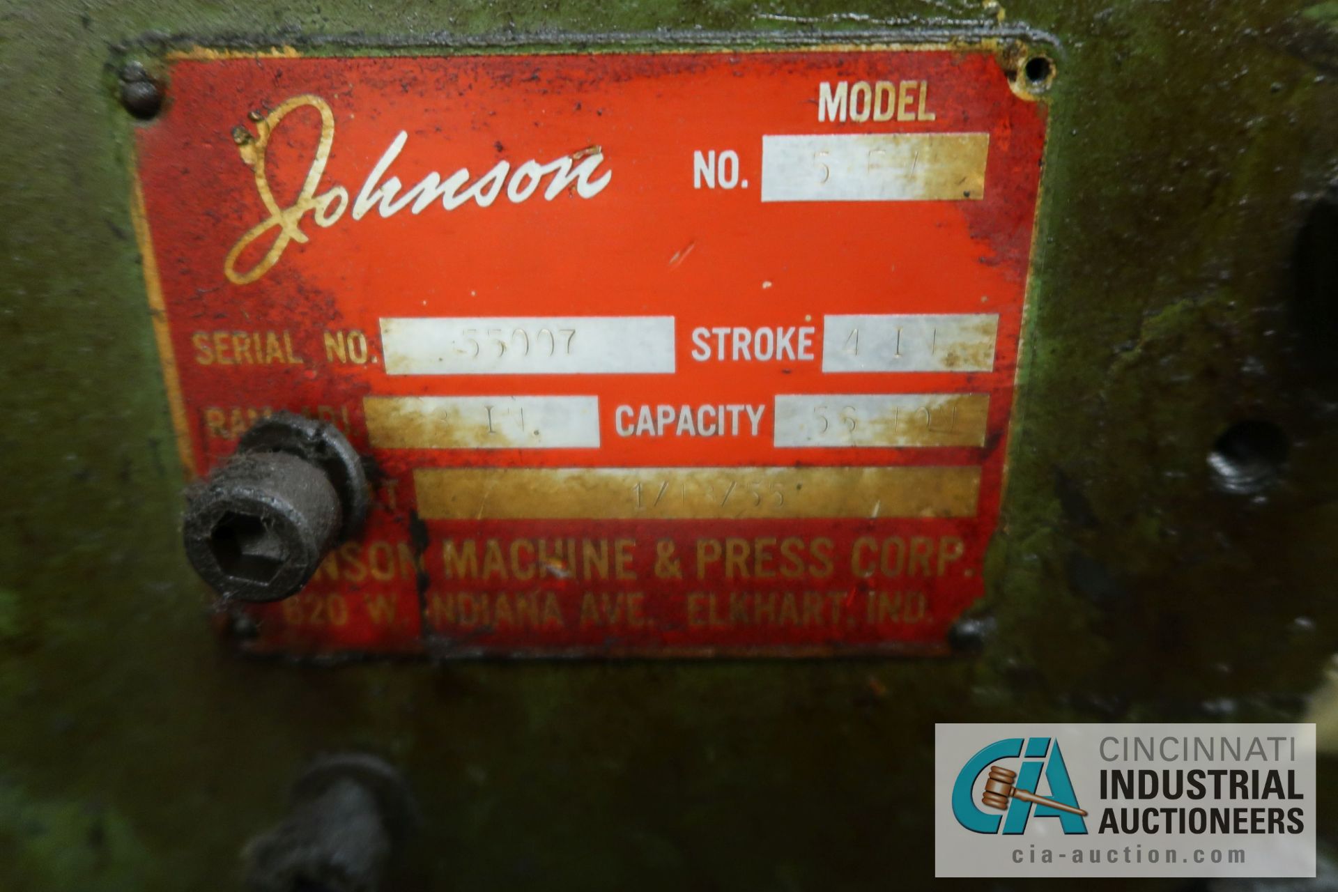 56 TON JOHNSON MODEL 5FW OBI PRESS; S/N 55007, 4" STROKE, 3" ADJ., 9" SHUT HEIGHT, 100 SPM - Image 9 of 9