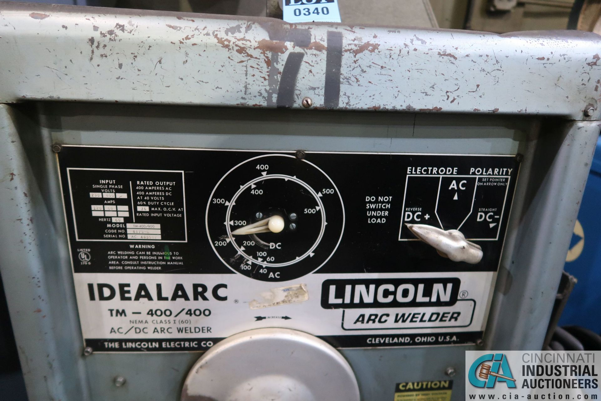 400 AMP LINCOLN IDEALARC TM400/400 AC/DC ARC WELDER; S/N AC-483582 - Image 2 of 3