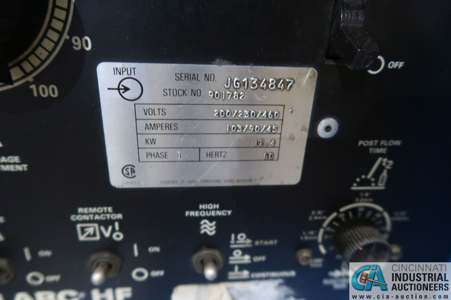 250 AMP MILLER DIALARC HF CONSTANT CURRENT AC/DC ARC WELDING POWER SOURCE; S/N JG134847, WITH MILLER - Image 3 of 4