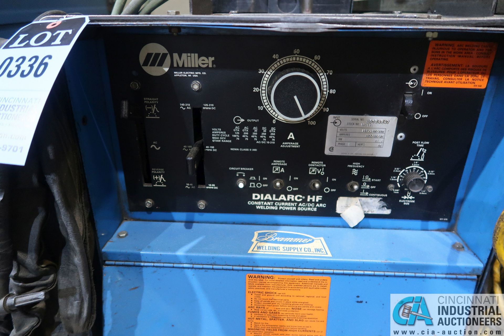 250 AMP MILLER DIALARC HF CONSTANT CURRENT AC/DC ARC WELDING POWER SOURCE; S/N JG134847, WITH MILLER - Image 2 of 4