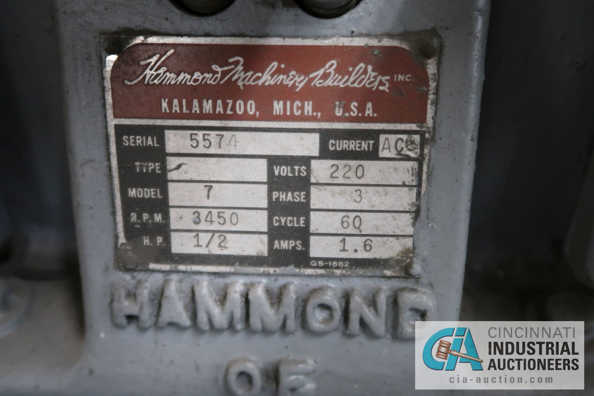 HAMMOND CARBIDE GRINDER; S/N 5574, 1/2 HP - Image 6 of 6