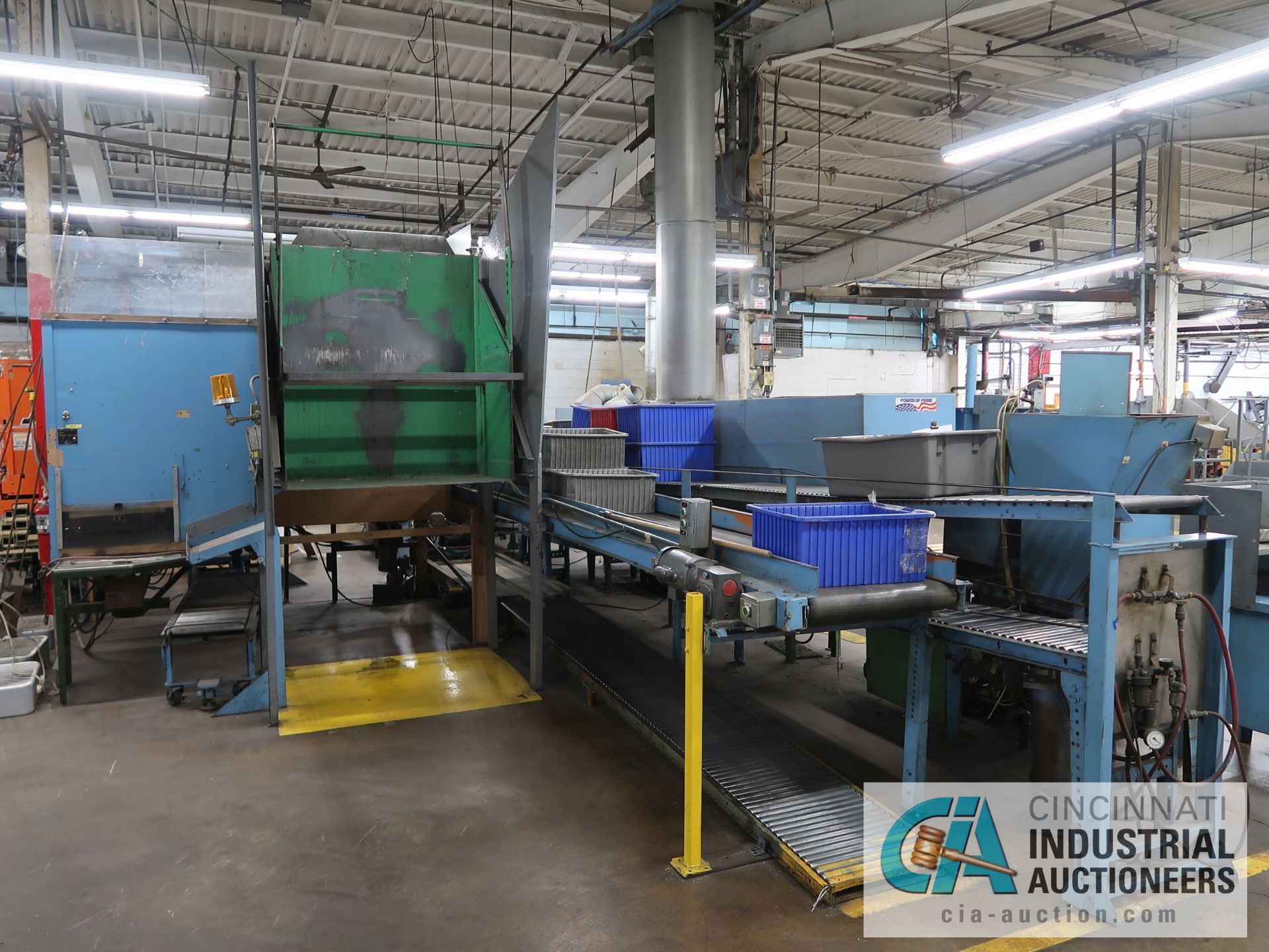 CUSTOM ASSEMBLY LINE WITH ROLLER CONVEYORS, TIPPERS, HOPPERS AND TURN TABLE