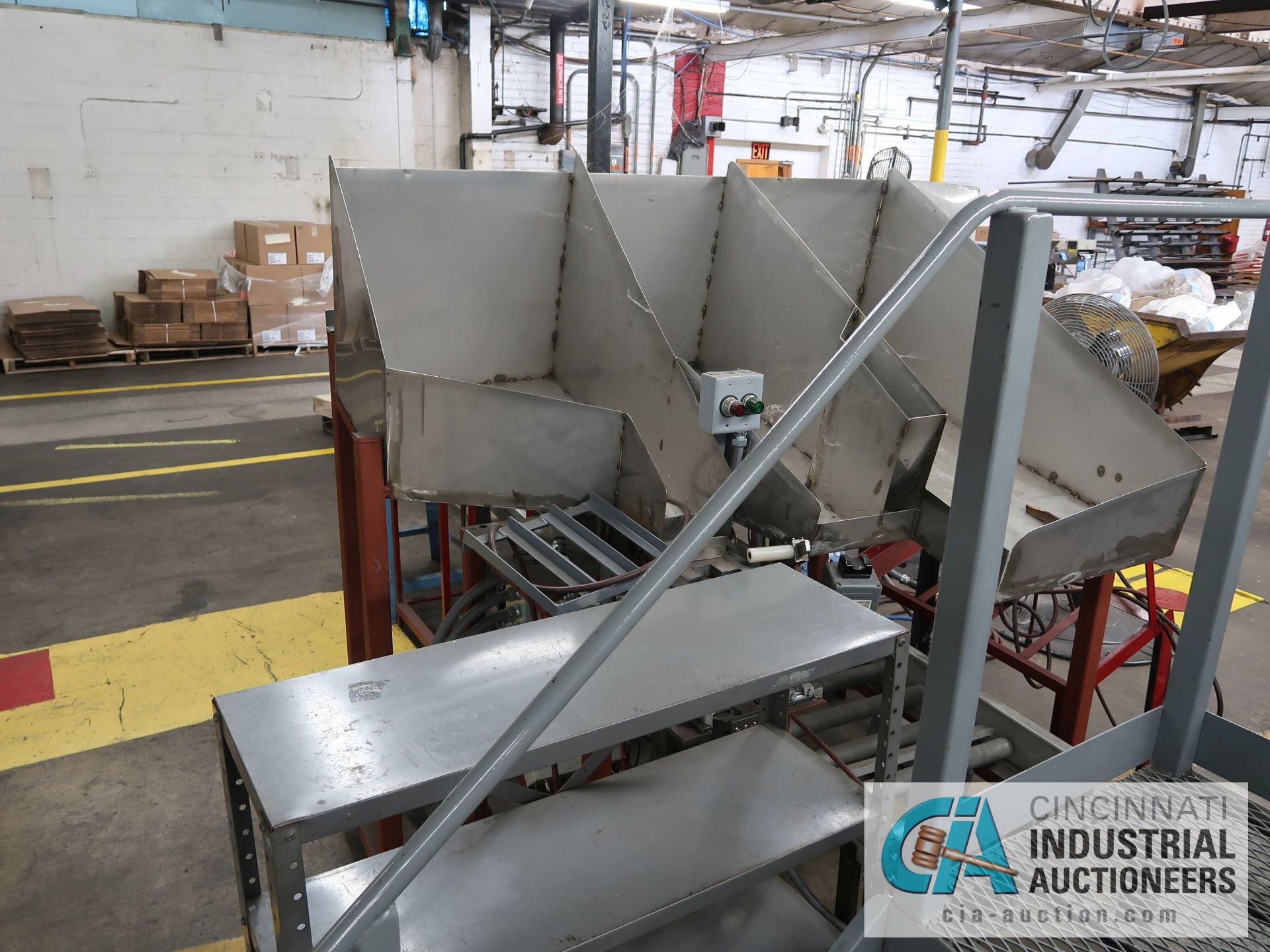 CUSTOM ASSEMBLY LINE WITH ROLLER CONVEYOR, TIPPER, VIBRATORY, FEEDER, CUSTOM GLUE, AIR TEST, PIN - Image 5 of 8