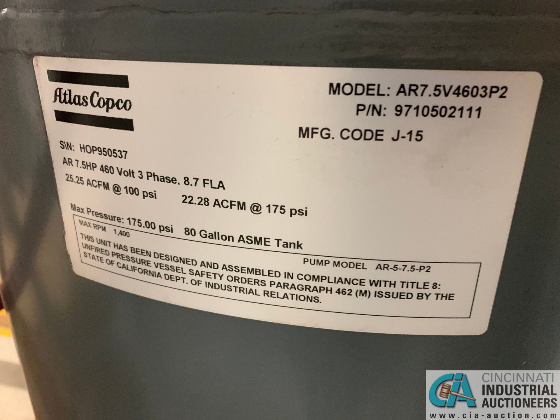 ATLAS 7.5 HP COPCO MODEL AR-7.5 VERTICAL TANK AIR COMPRESSOR; S/N HP950537, 3-PHASE - Image 6 of 6