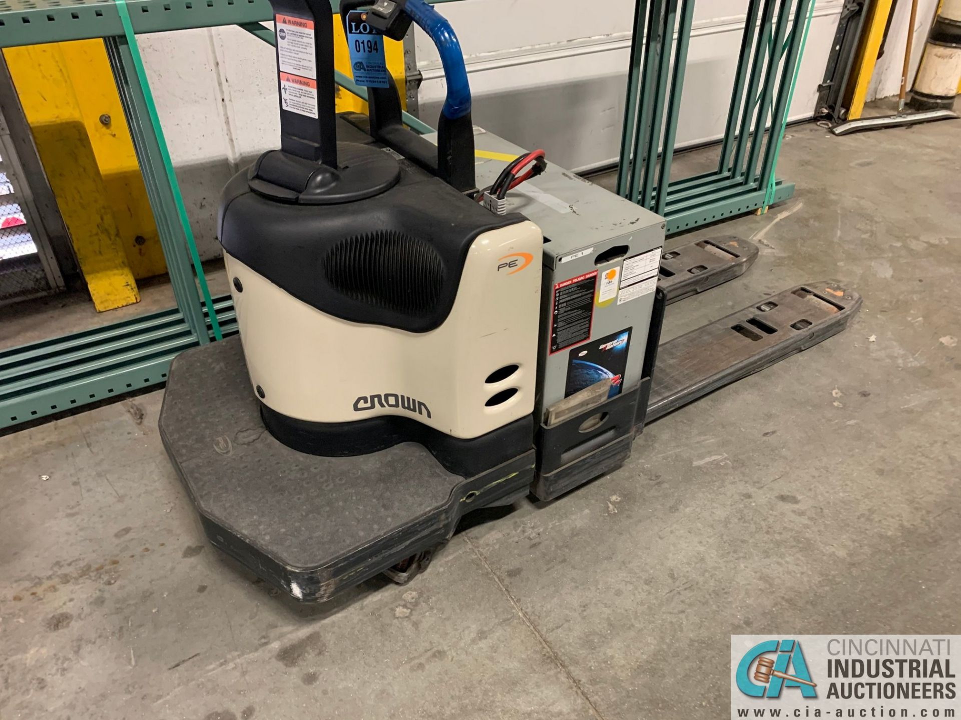 6,000 LB. CROWN MODEL PE-4000-60 RIDER TYPE ELECTRIC PALLET TRUCK; S/N 6A247534, NO KEY *OUT OF