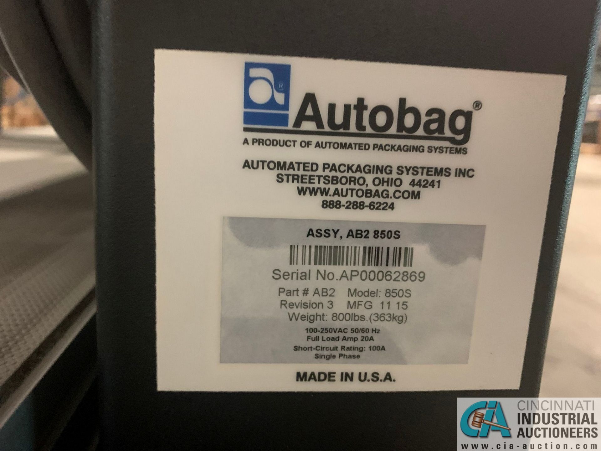 AUTOMATED PACKAGING SYSTEMS MODEL AUTOBAG 850S AUTOMATIC POLY BAGGING MACHINE; S/N AP00062869, - Image 9 of 9
