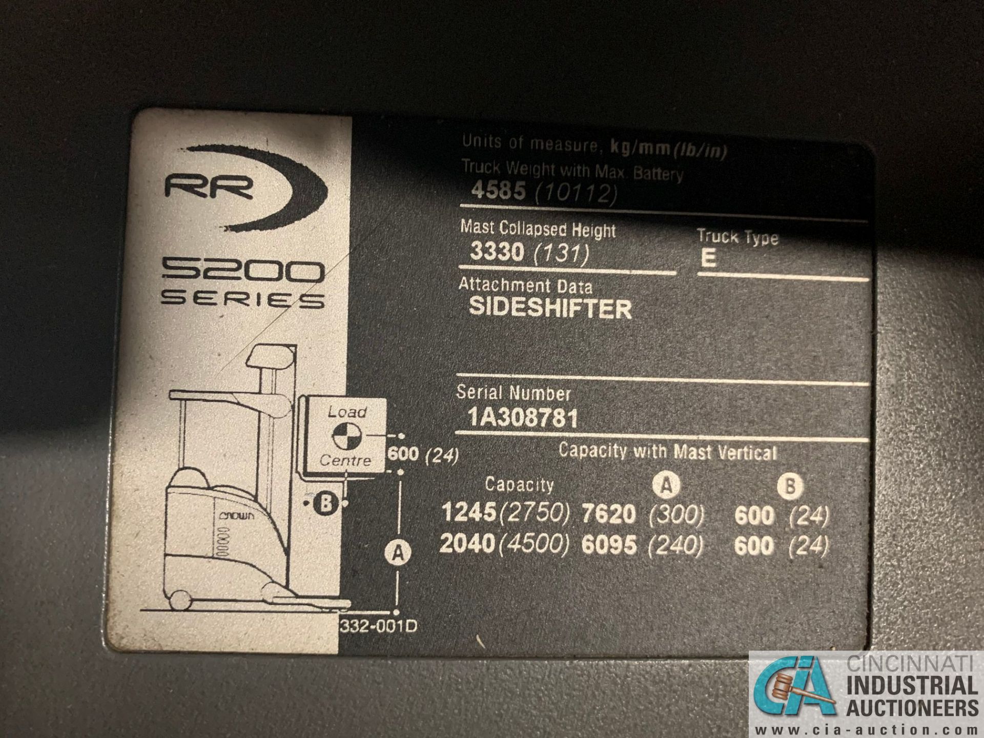 4,500 LB. CROWN MODEL RR5825-45 STAND UP ELECTRIC REACH TRUCK; S/N 1A308781, APPROX. 2,229 HOURS - Image 10 of 11