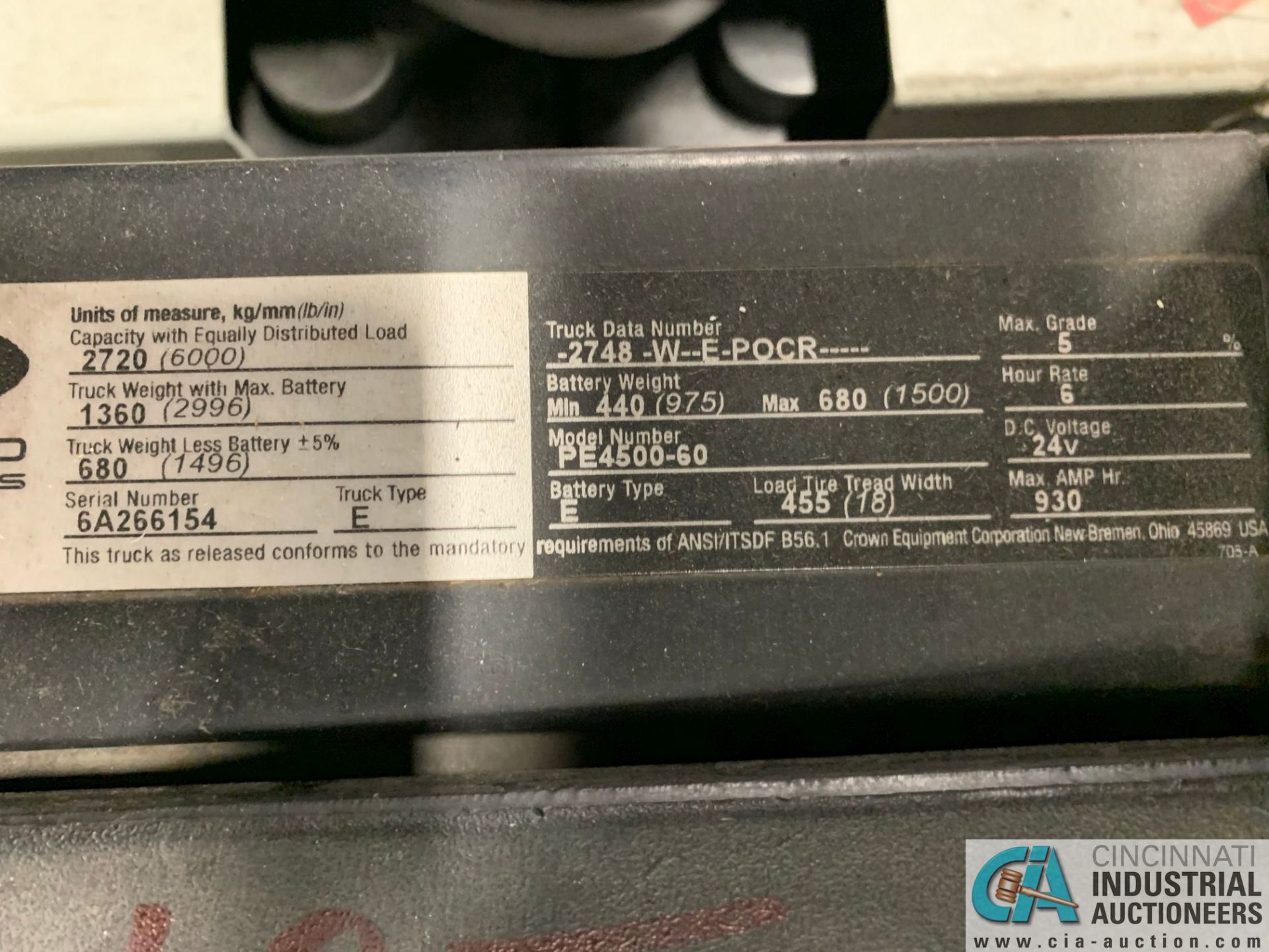 6,000 LB. CROWN MODEL PE-4500-60 RIDER TYPE ELECTRIC PALLET TRUCK; S/N 6A2266154, APPROX. 5,187 - Image 8 of 8