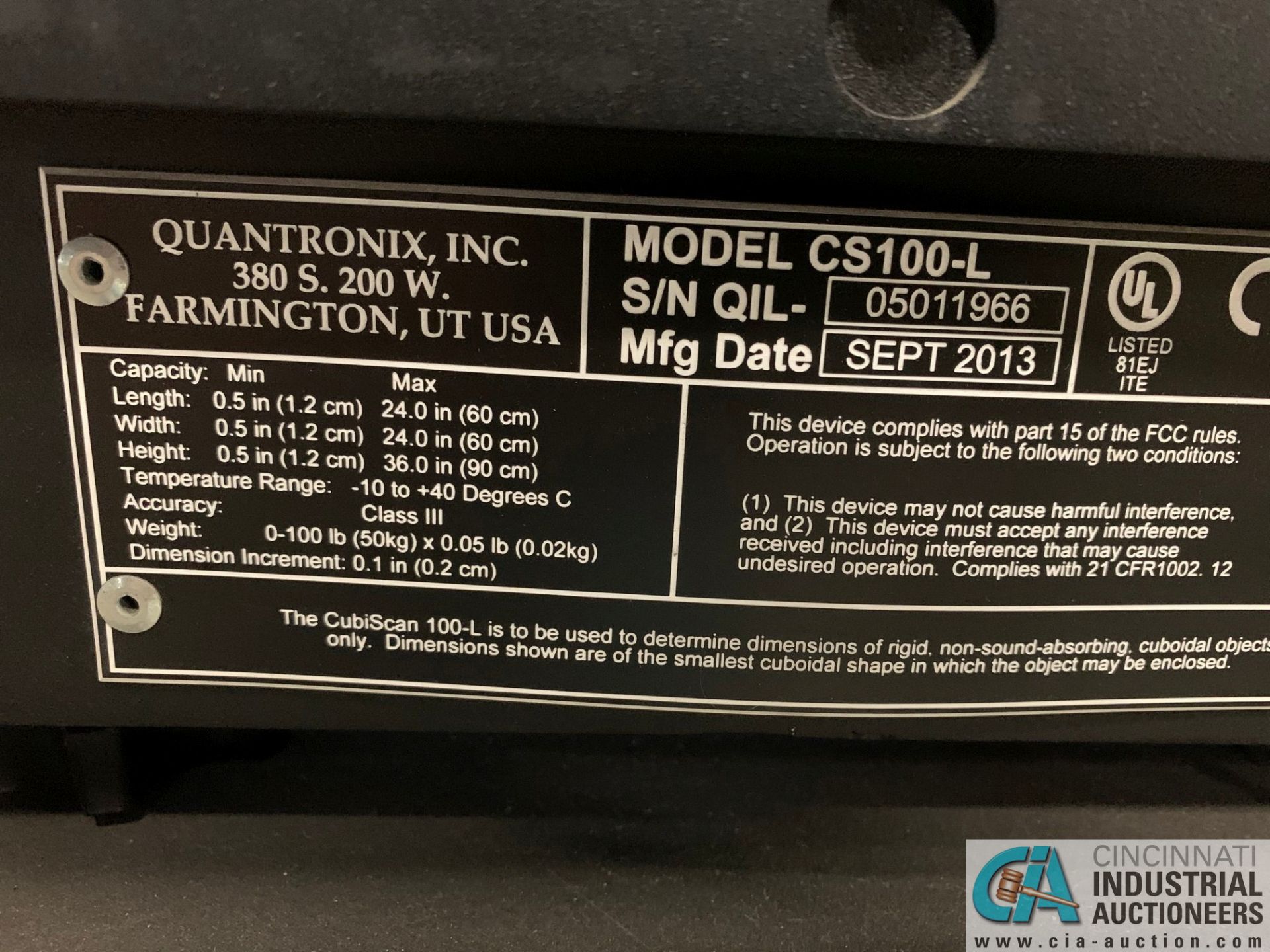 QUANTRONIX MODEL CS-100L PACKAGE SCANNER; S/N 05011966 (NEW 2013) **NO LAPTOP** - Image 6 of 6