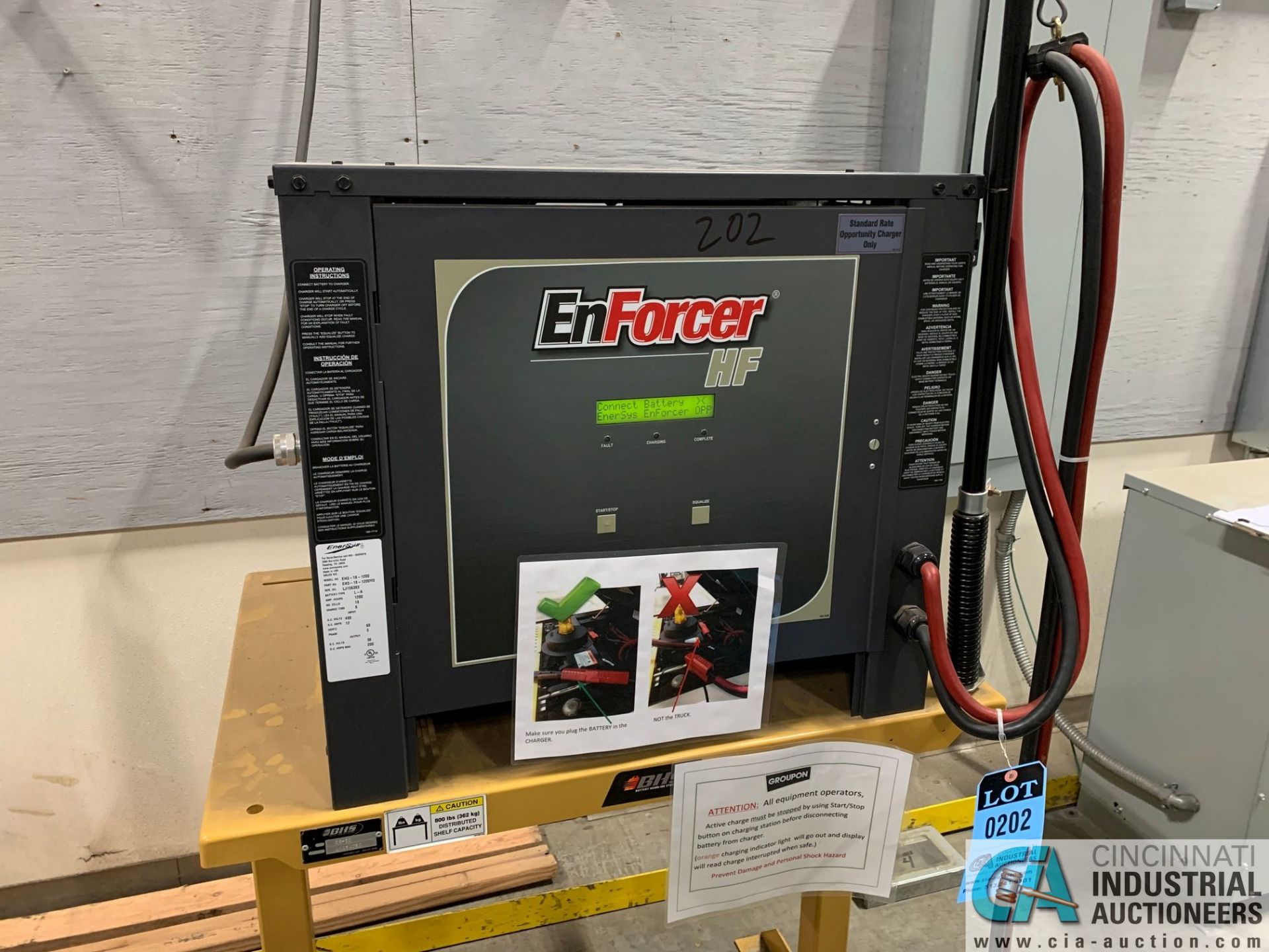 ENERSYS MODEL EH3-18-1200 ENFORCER HF BATTERY CHARGER WITH STAND **LOCATED IN AISLE BEHIND CHARGE