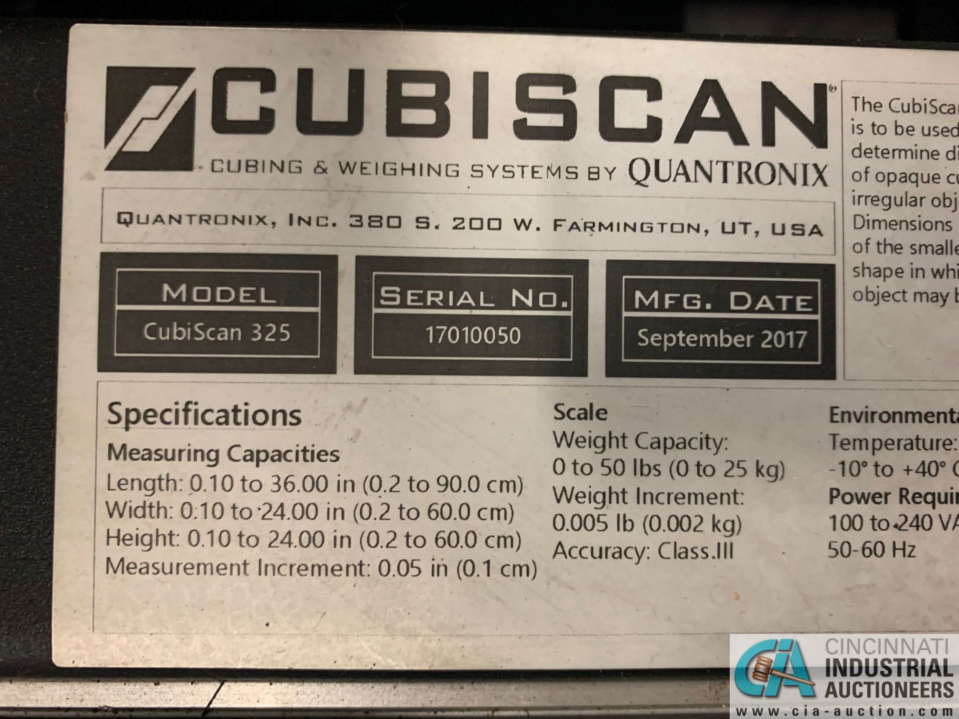 QUANTRONIX MODEL CUBISCAN 325 PACKAGE SCANNER; S/N 17010050 (NEW 9/2017) **LAPTOP NOT INCLUDED** - Image 5 of 5