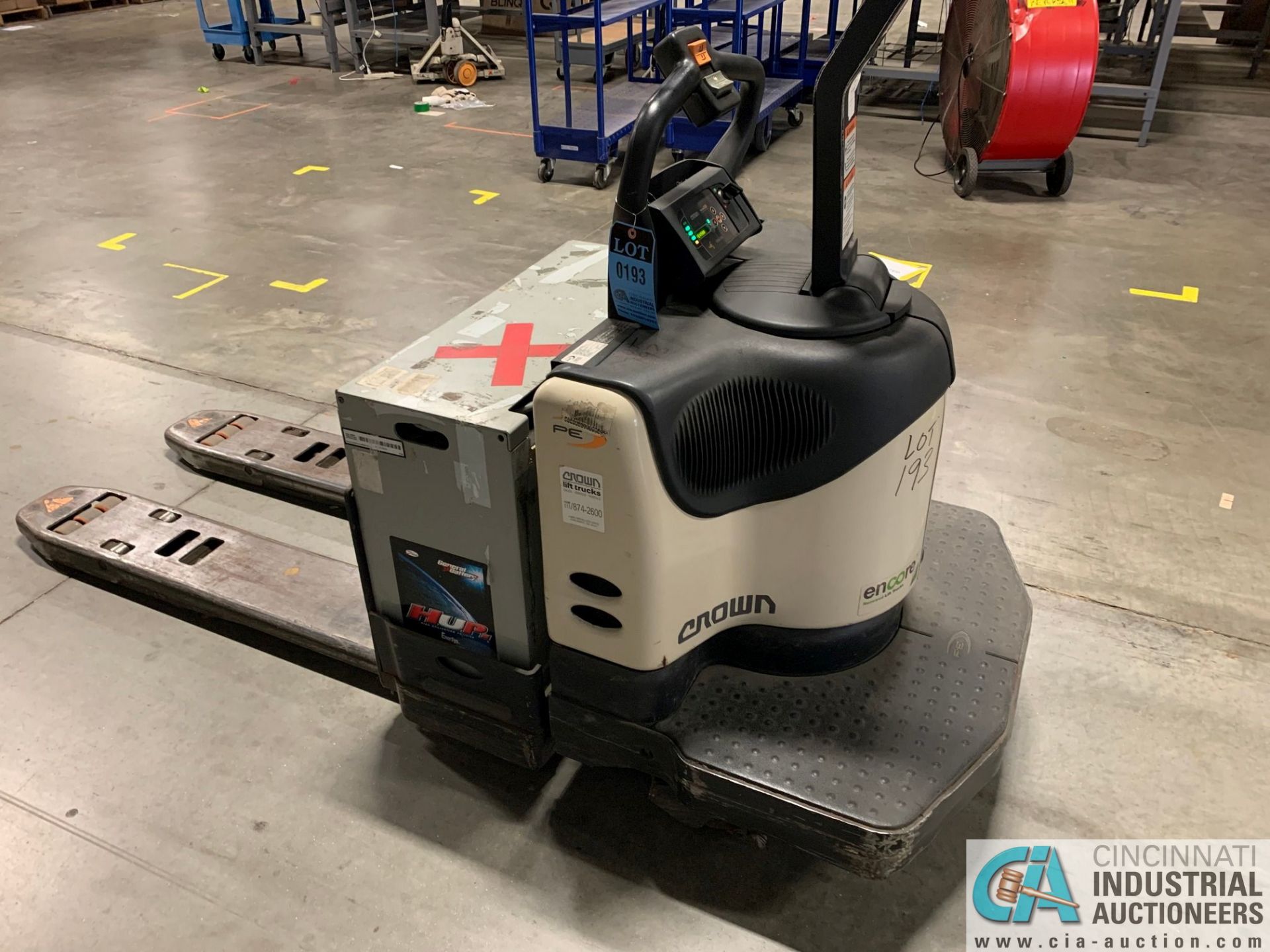 6,000 LB. CROWN MODEL PE-4500-60 RIDER TYPE ELECTRIC PALLET TRUCK; S/N 6A2266154, APPROX. 5,187