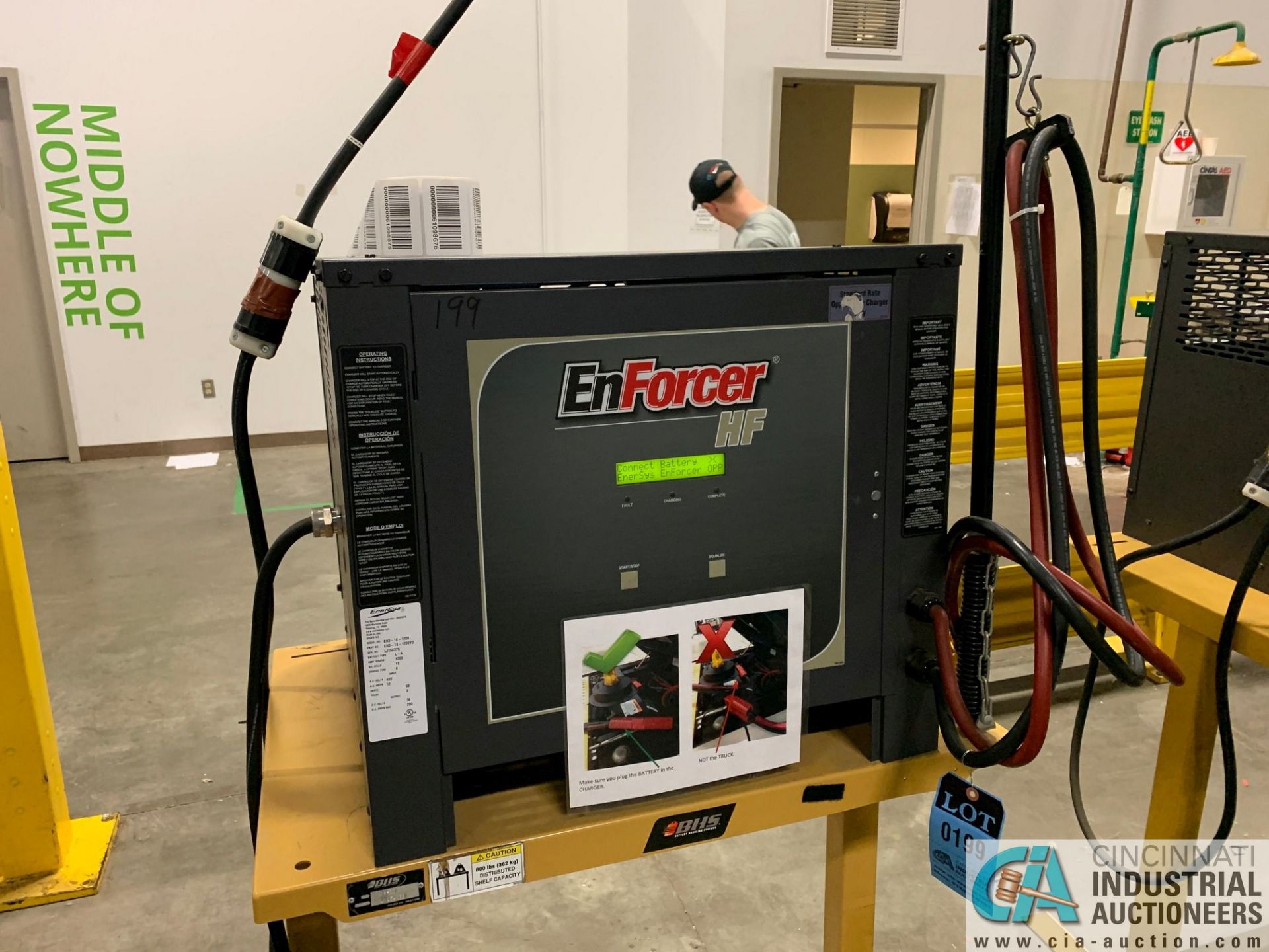 ENERSYS MODEL EH3-18-1200 ENFORCER HF BATTERY CHARGER WITH STAND **LOCATED IN MAIN CHARGE AREA**