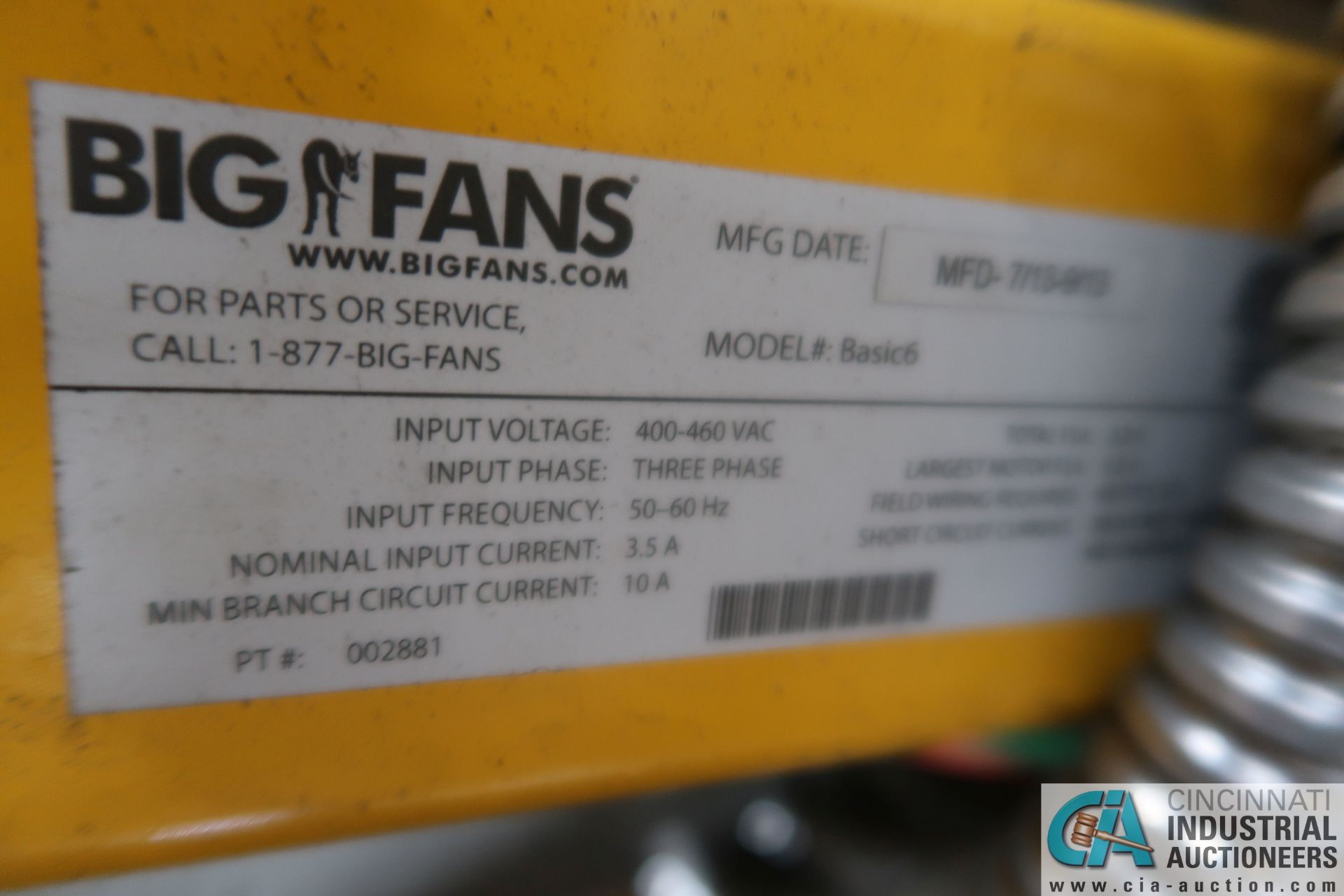 24' DIAMETER BIG ASS FAN MODEL BASIC 6 WAREHOUSE FAN, 2 HP MOTOR, 480 VOLT, 3-PHASE (2013) - Image 6 of 8