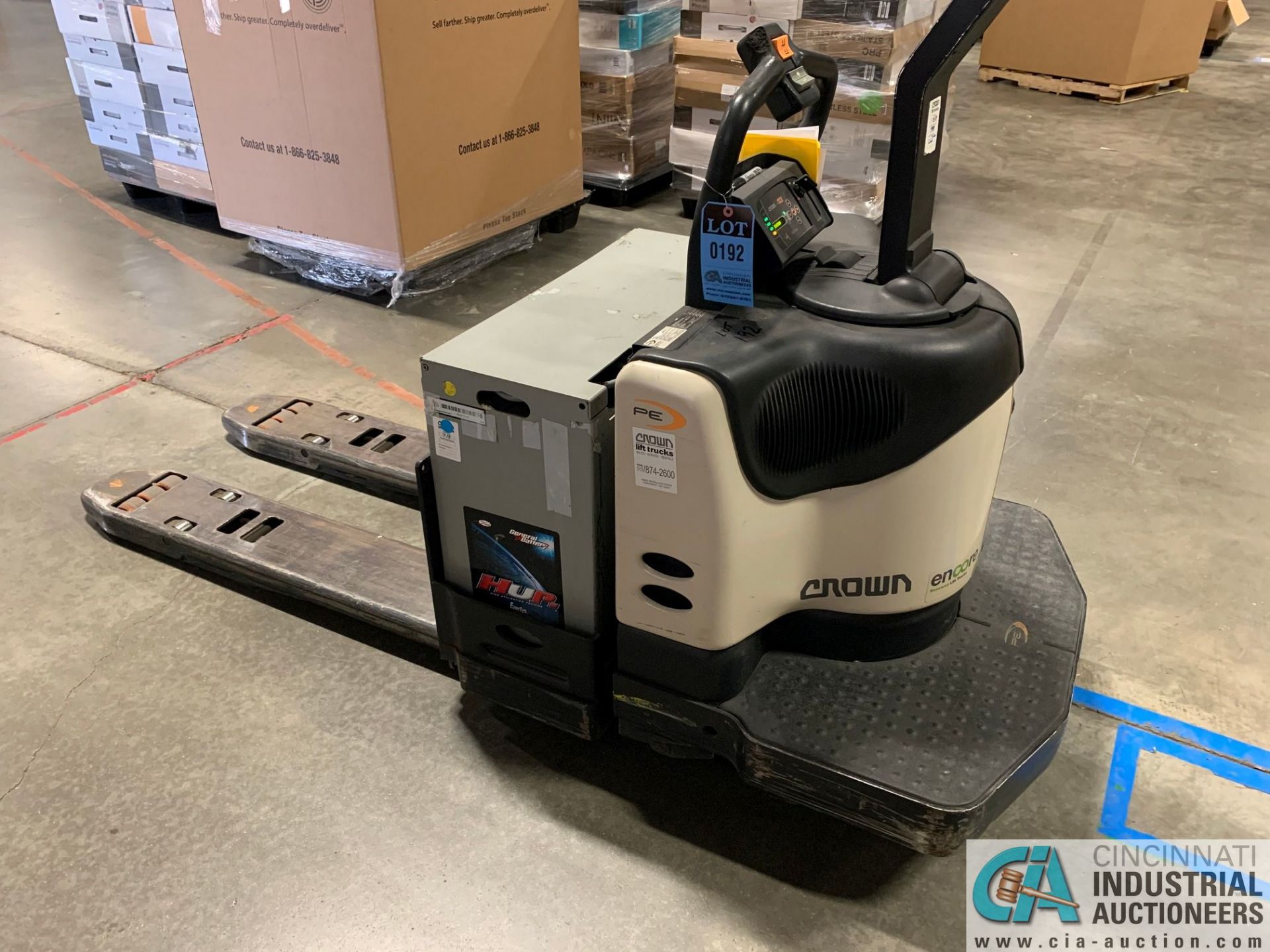 6,000 LB. CROWN MODEL PE-4500-60 RIDER TYPE ELECTRIC PALLET TRUCK; S/N 6A263462, APPROX. 3,513 HOURS