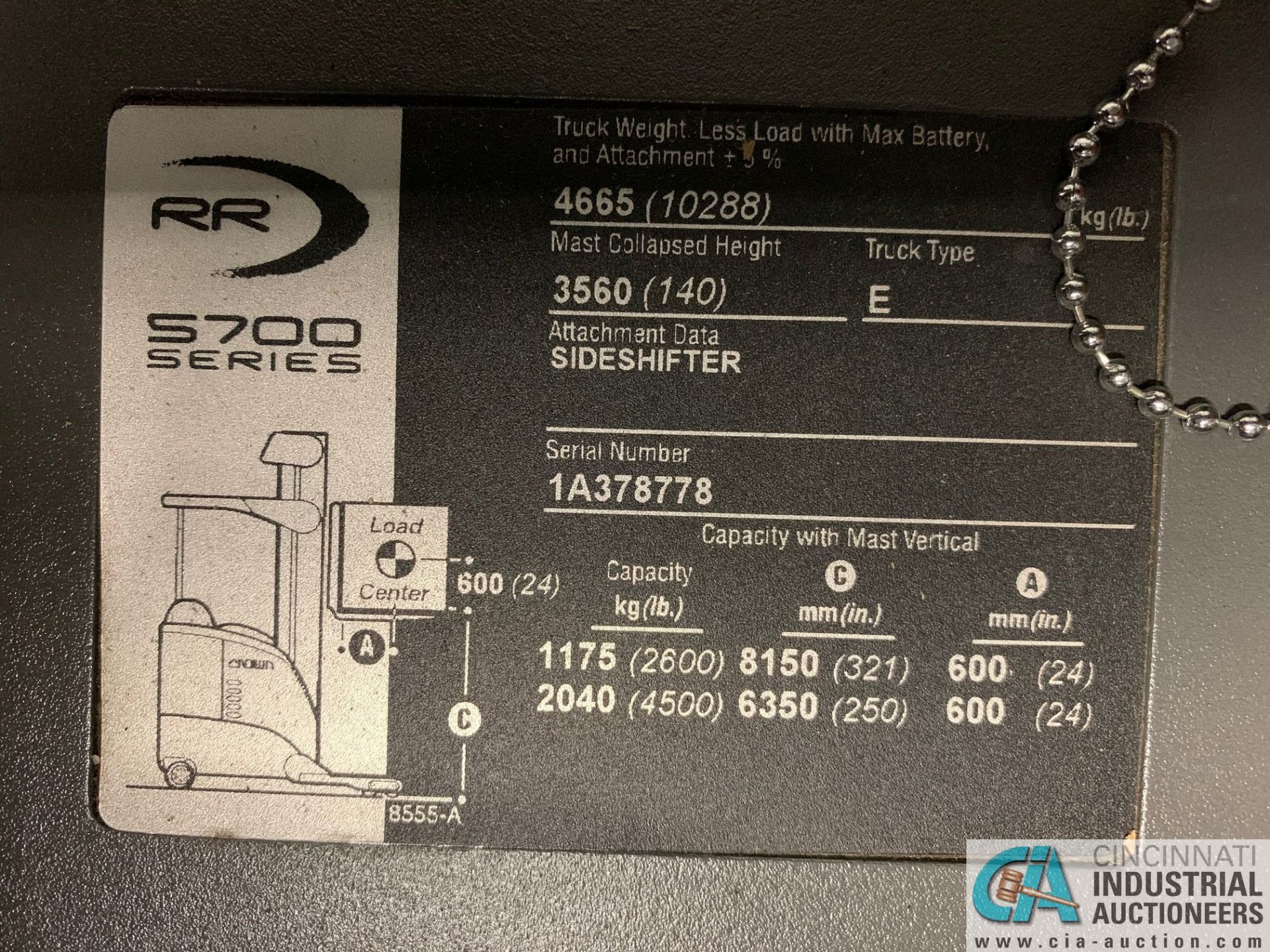 4,500 LB. CROWN MODEL RR5725-45 STAND UP ELECTRIC REACH TRUCK; S/N 1A378778, APPROX. 2,392 HOURS, - Image 6 of 8