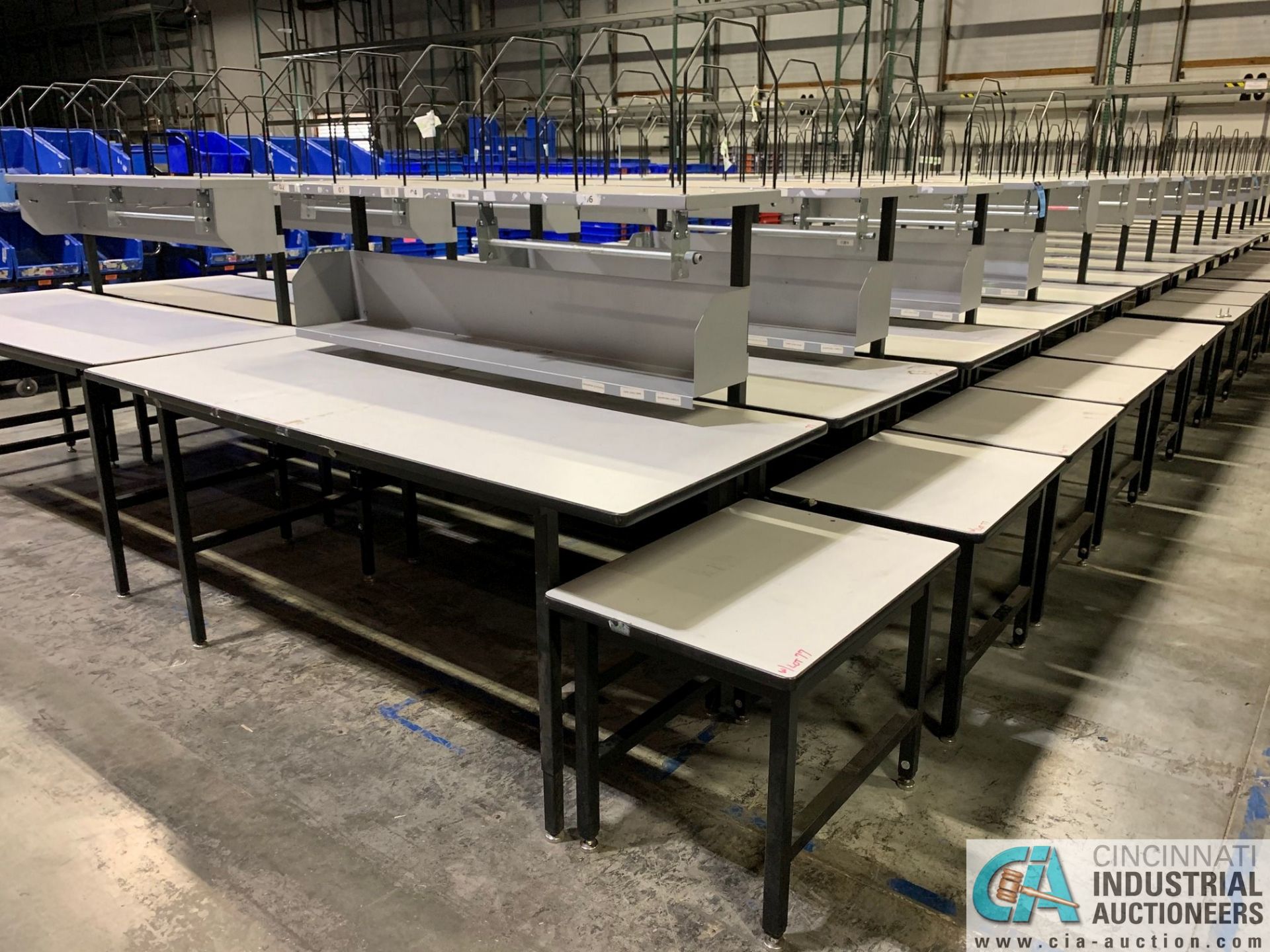 33" X 83" X 29"-36" HEIGHT DEHNCO MODEL D-9000 PACKAGING WORKSTATIONS WITH CARTONING RACK AND