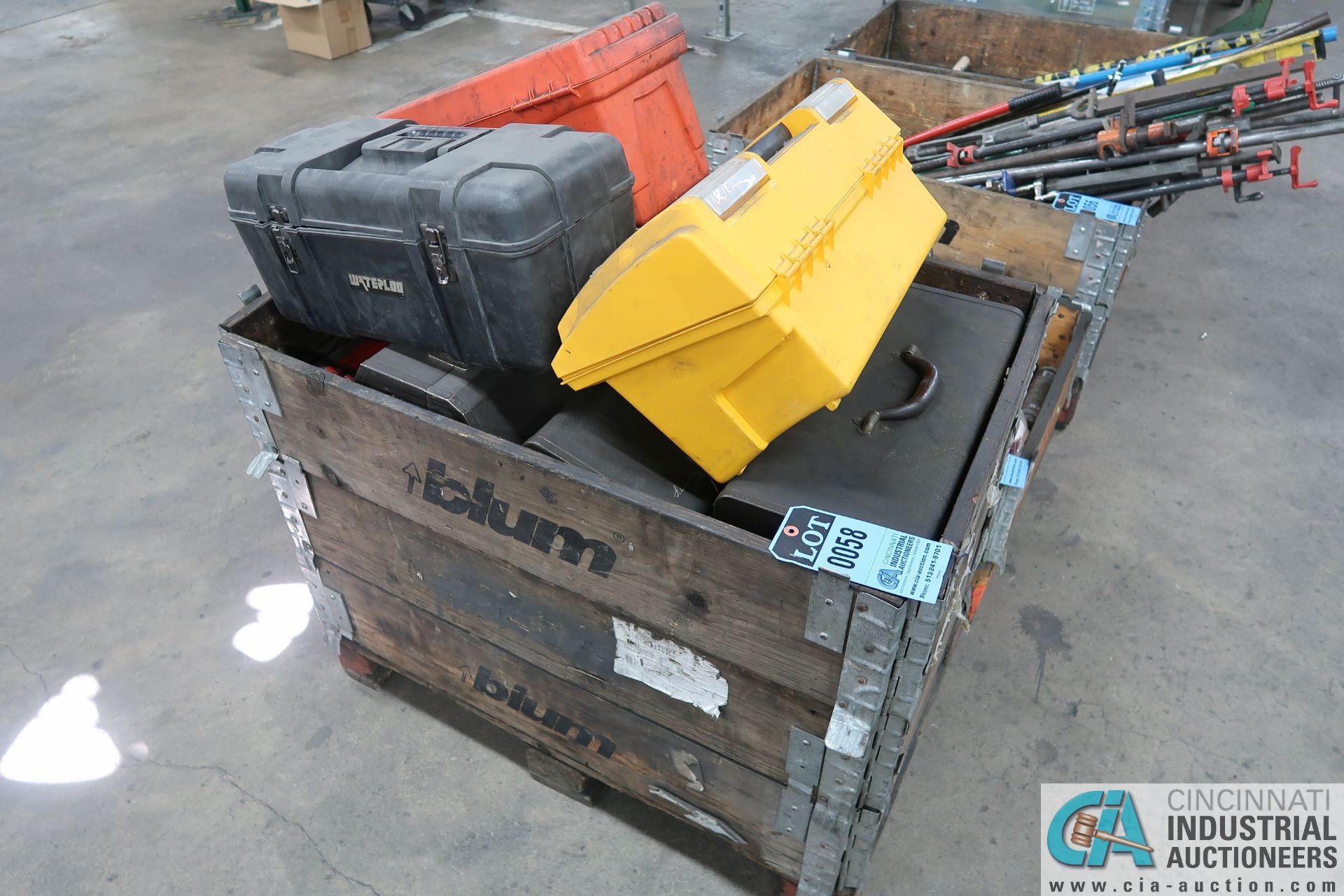 (LOT) WOOD CRATE W/ EMPTY TOOL BOXES